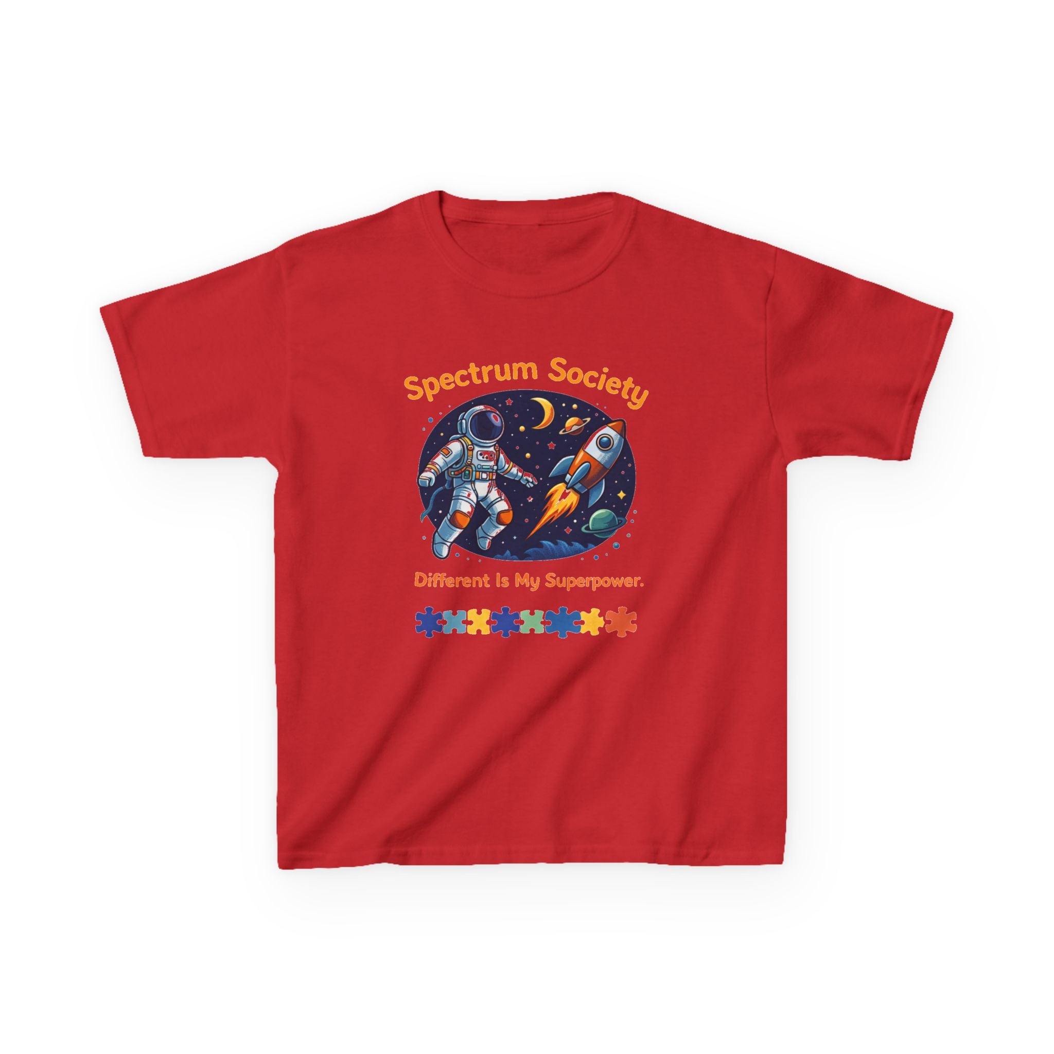 Spectrum Society Kids Tee — "Different Is My Superpower" Rocket Autism Pride Shirt