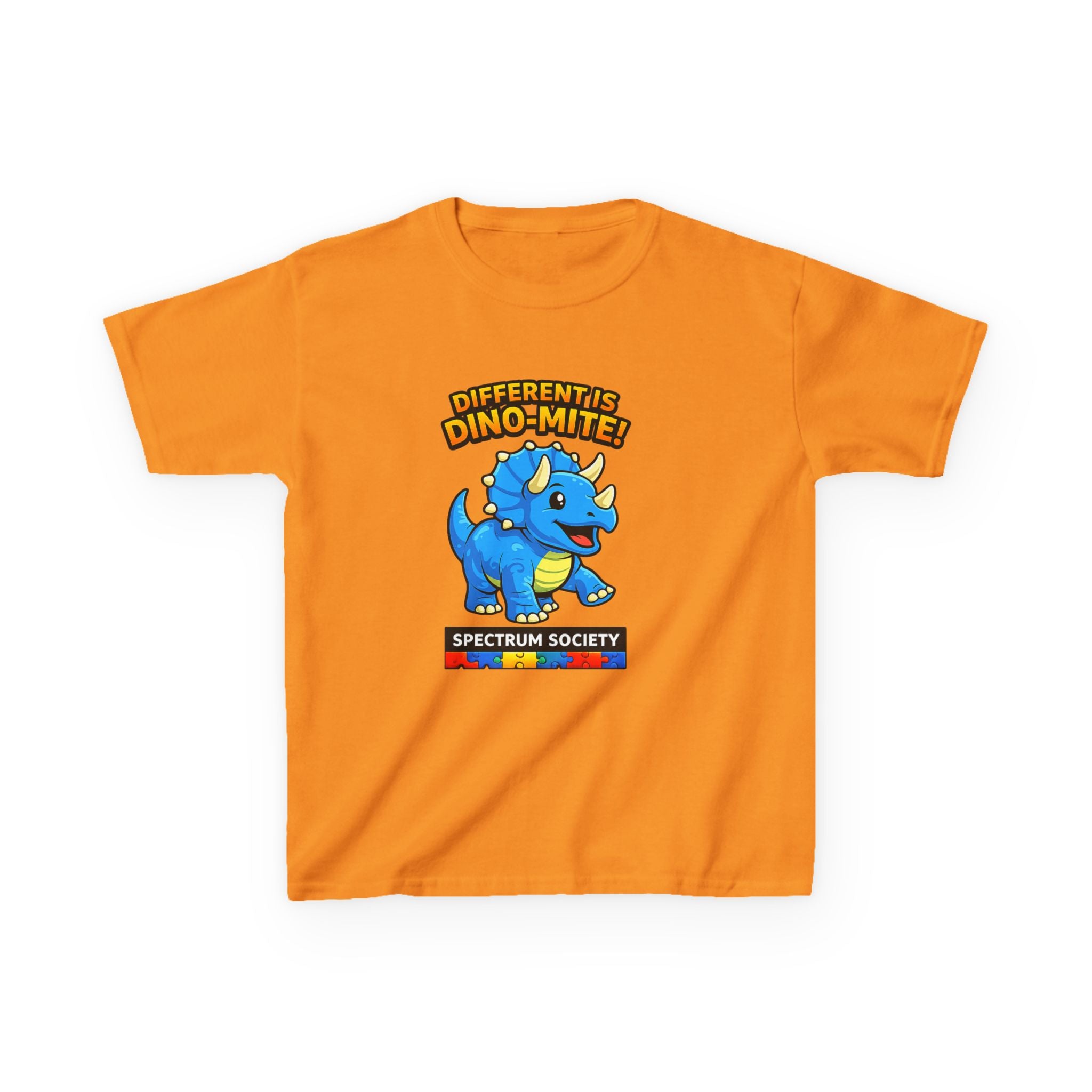 Kids Tee — "Different is Dino-Mite" Blue Triceratops Autism Awareness Shirt