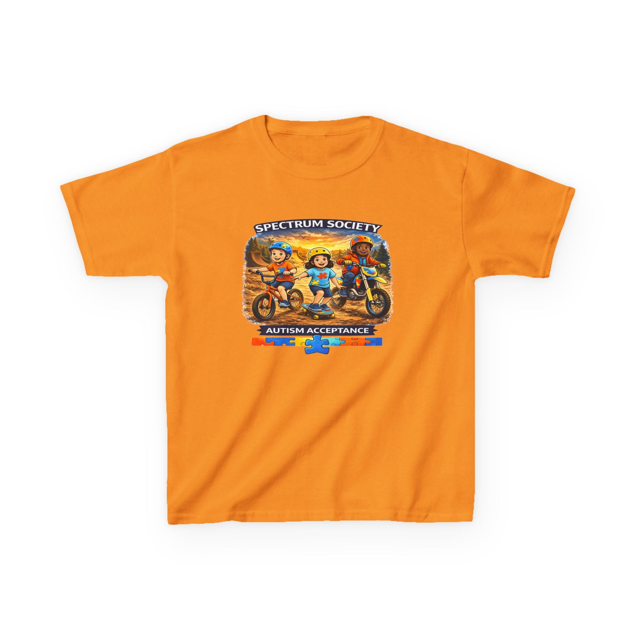 Kids Tee — "Spectrum Society: Autism Acceptance" Colorful Motorcycle Crew Design