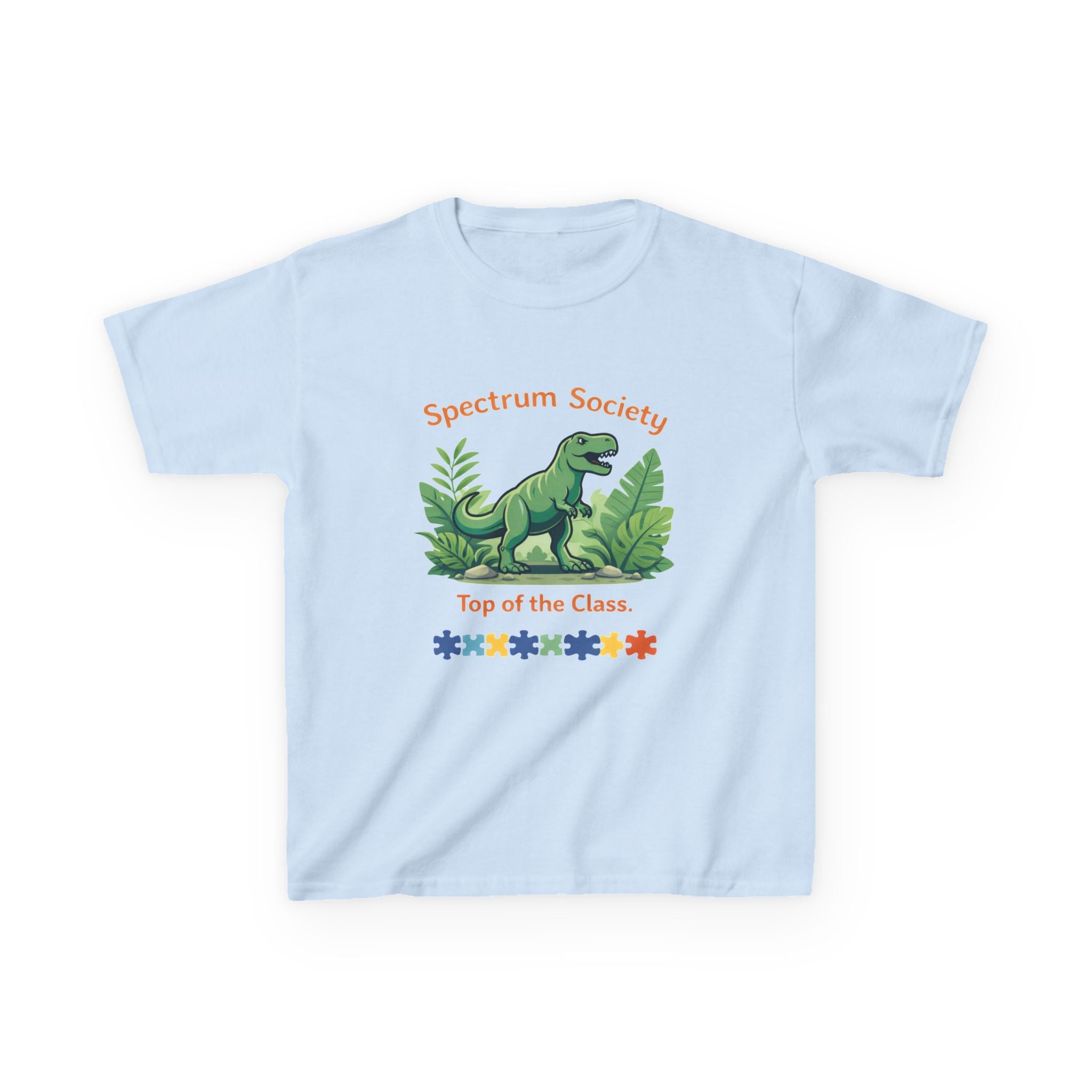Spectrum Society Kids Tee — "Top of the Class" Dinosaur Autism Pride Shirt