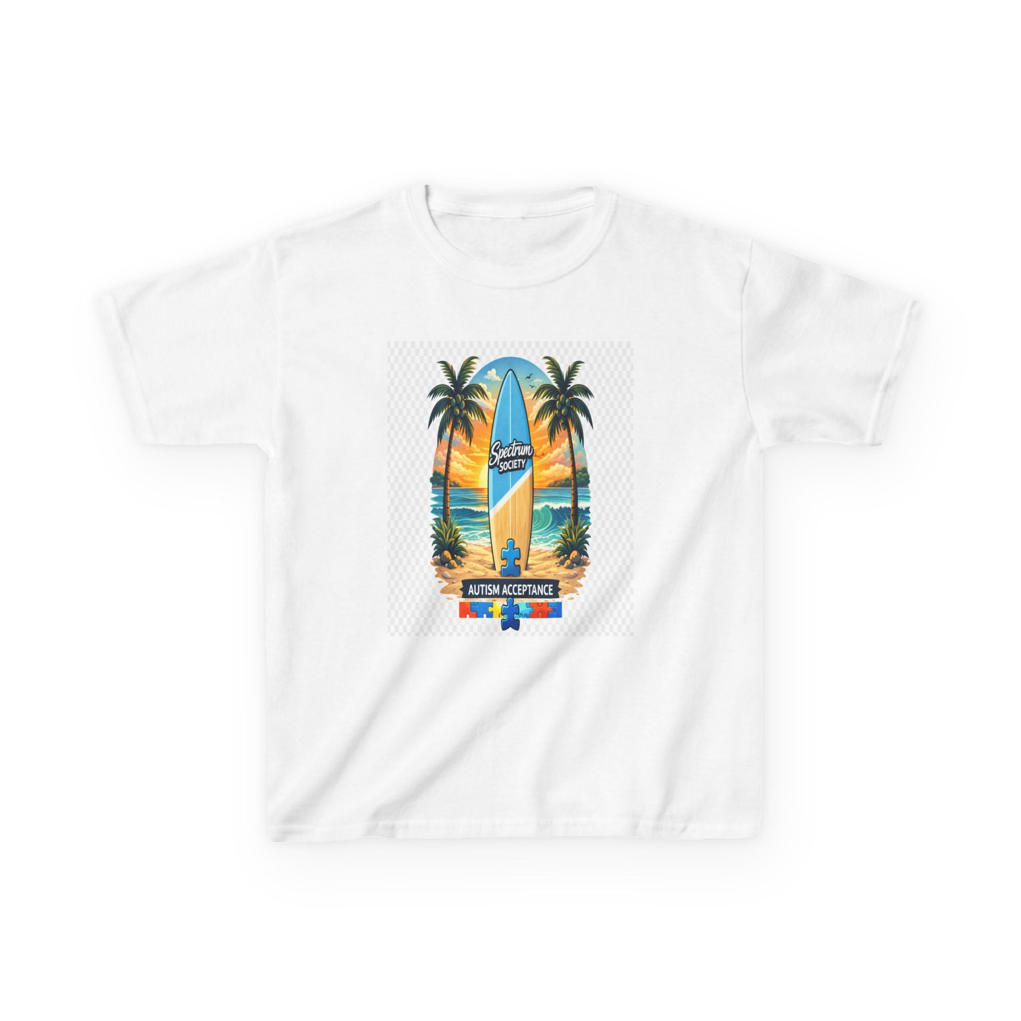 Kids Surfboard Beach T‑Shirt — "Catch the Wave" Palm Sunset Graphic