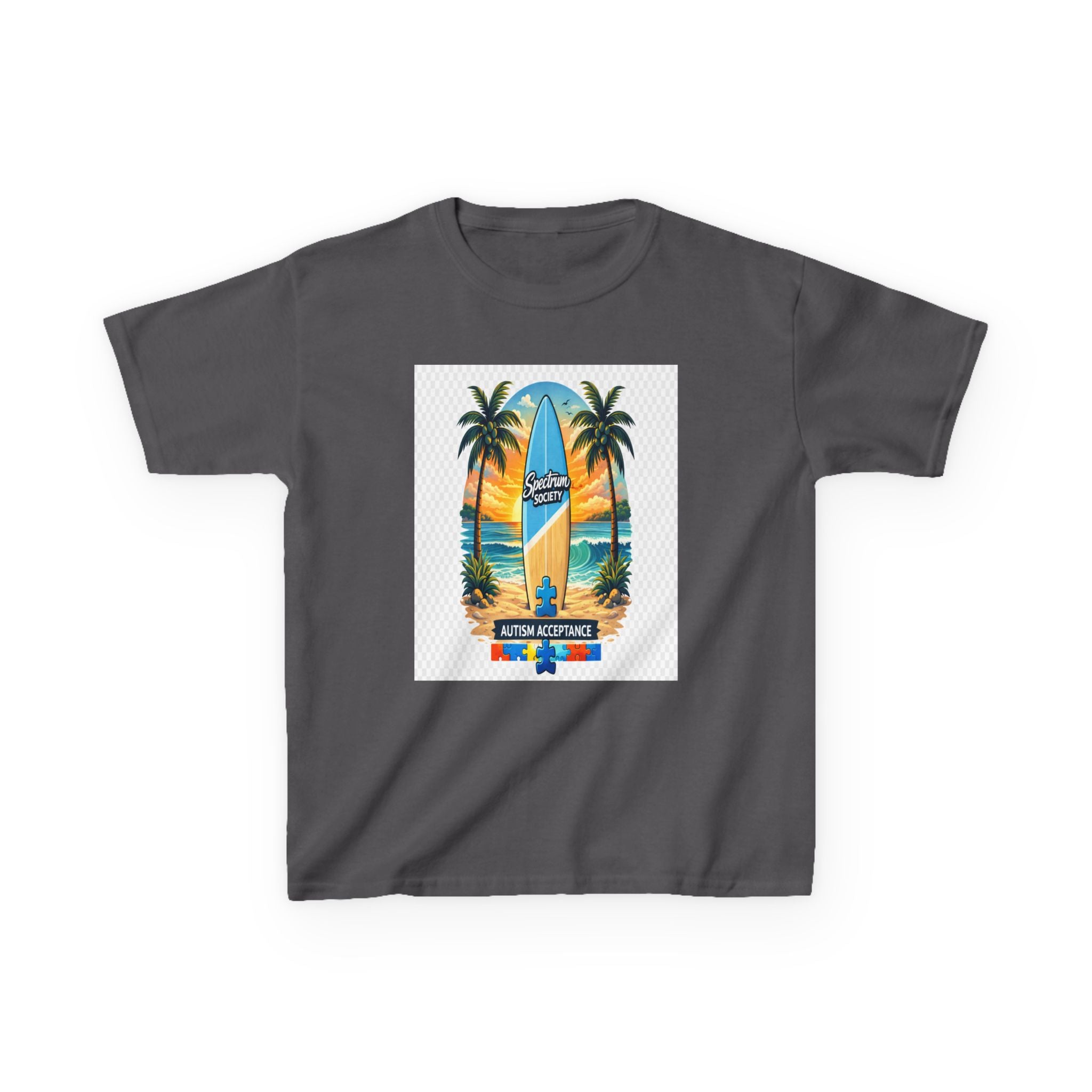 Kids Surfboard Beach T‑Shirt — "Catch the Wave" Palm Sunset Graphic