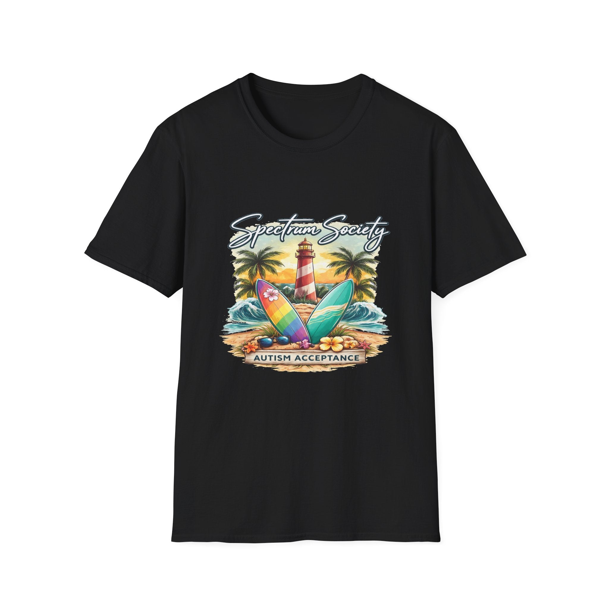 Autism Acceptance Surf Tee — Lighthouse & Surfboards Beach Graphic T-Shirt