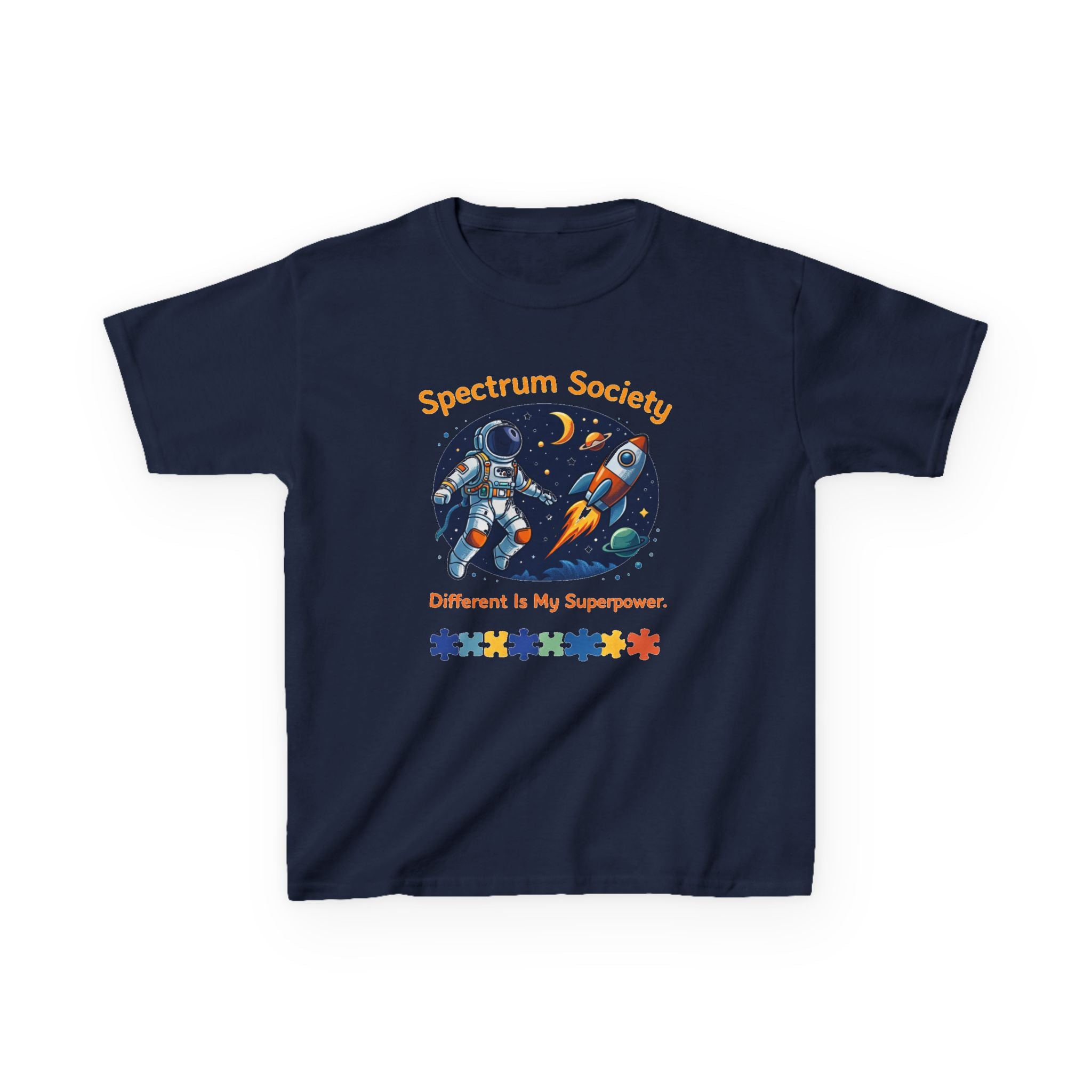 Spectrum Society Kids Tee — "Different Is My Superpower" Rocket Autism Pride Shirt