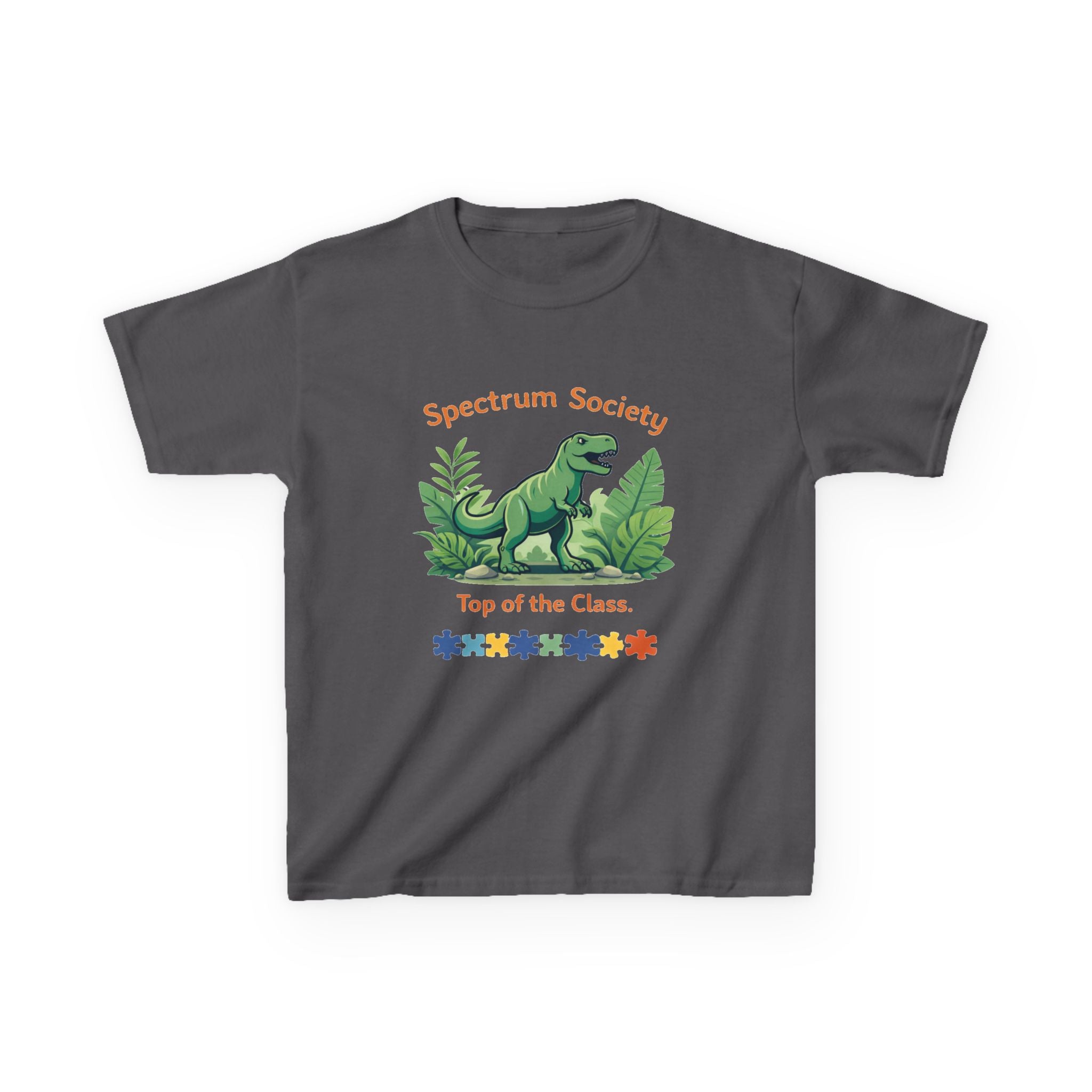 Spectrum Society Kids Tee — "Top of the Class" Dinosaur Autism Pride Shirt