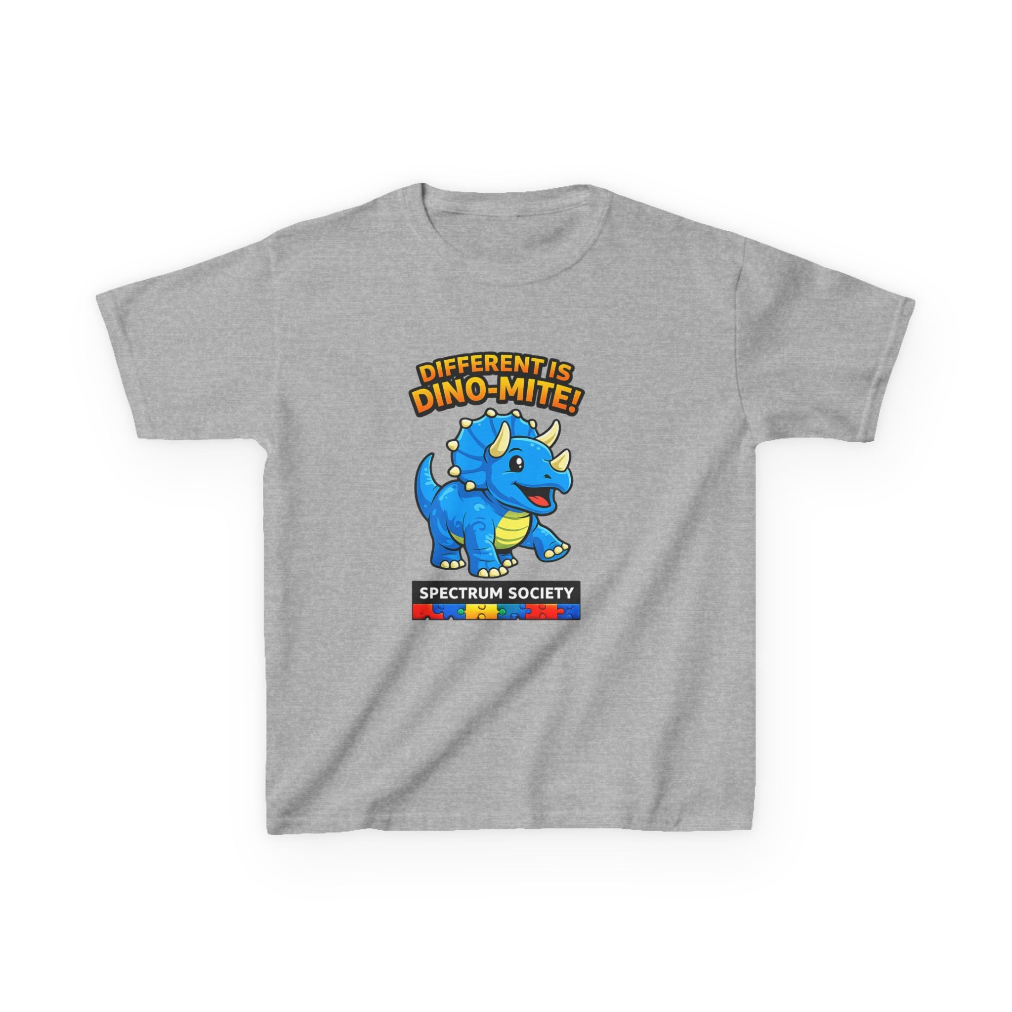 Kids Tee — "Different is Dino-Mite" Blue Triceratops Autism Awareness Shirt
