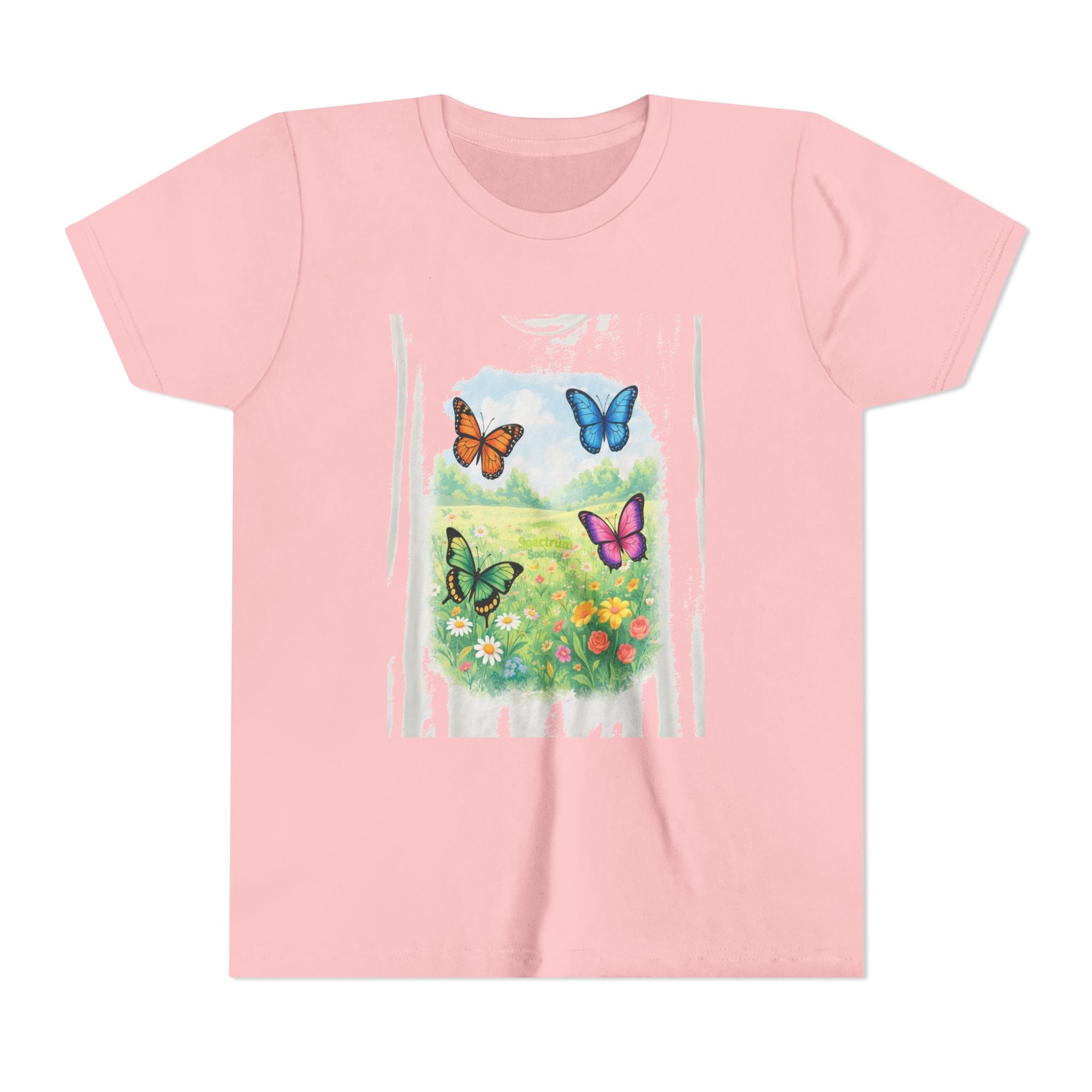 Youth Tee — Colorful Butterflies Meadow Design