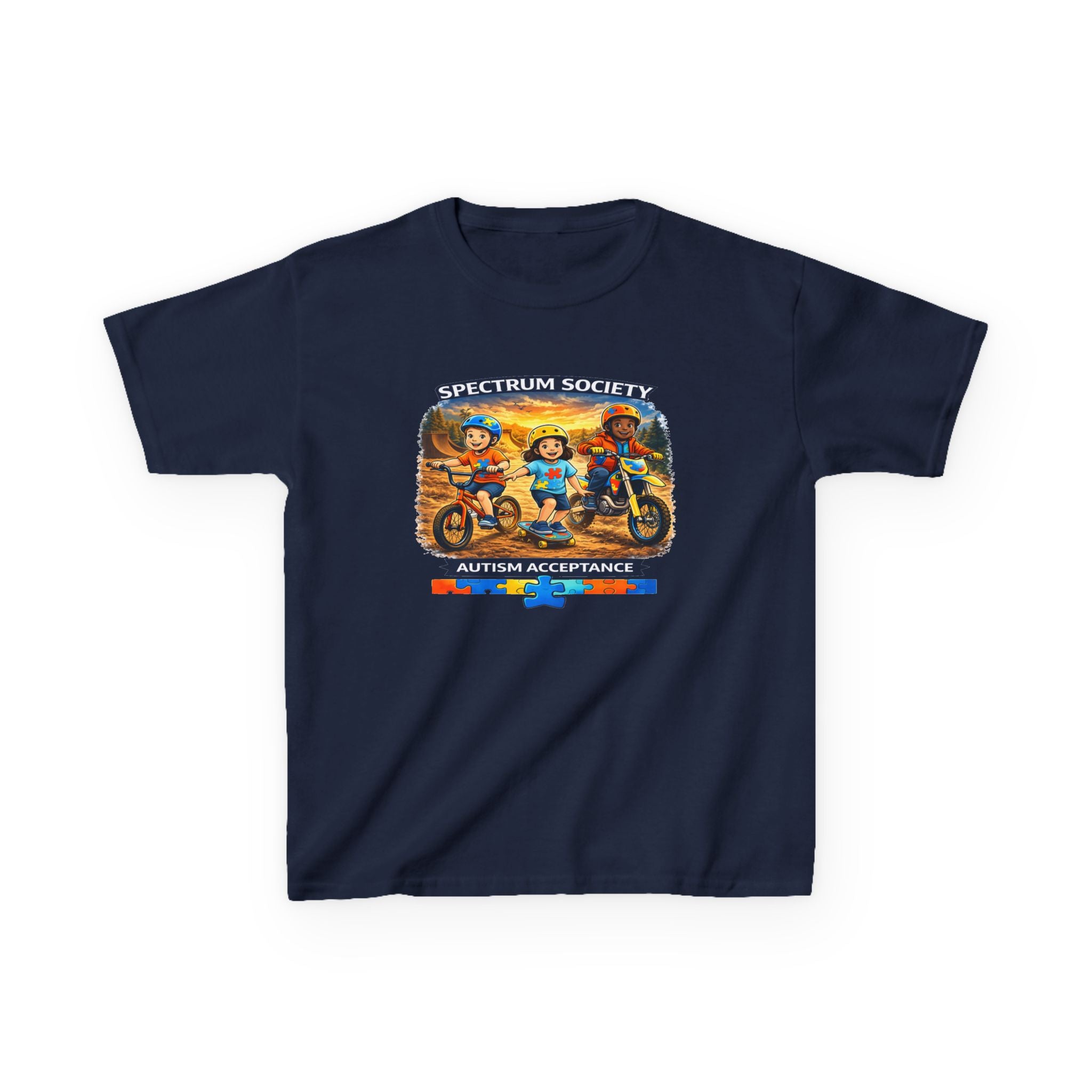 Kids Tee — "Spectrum Society: Autism Acceptance" Colorful Motorcycle Crew Design
