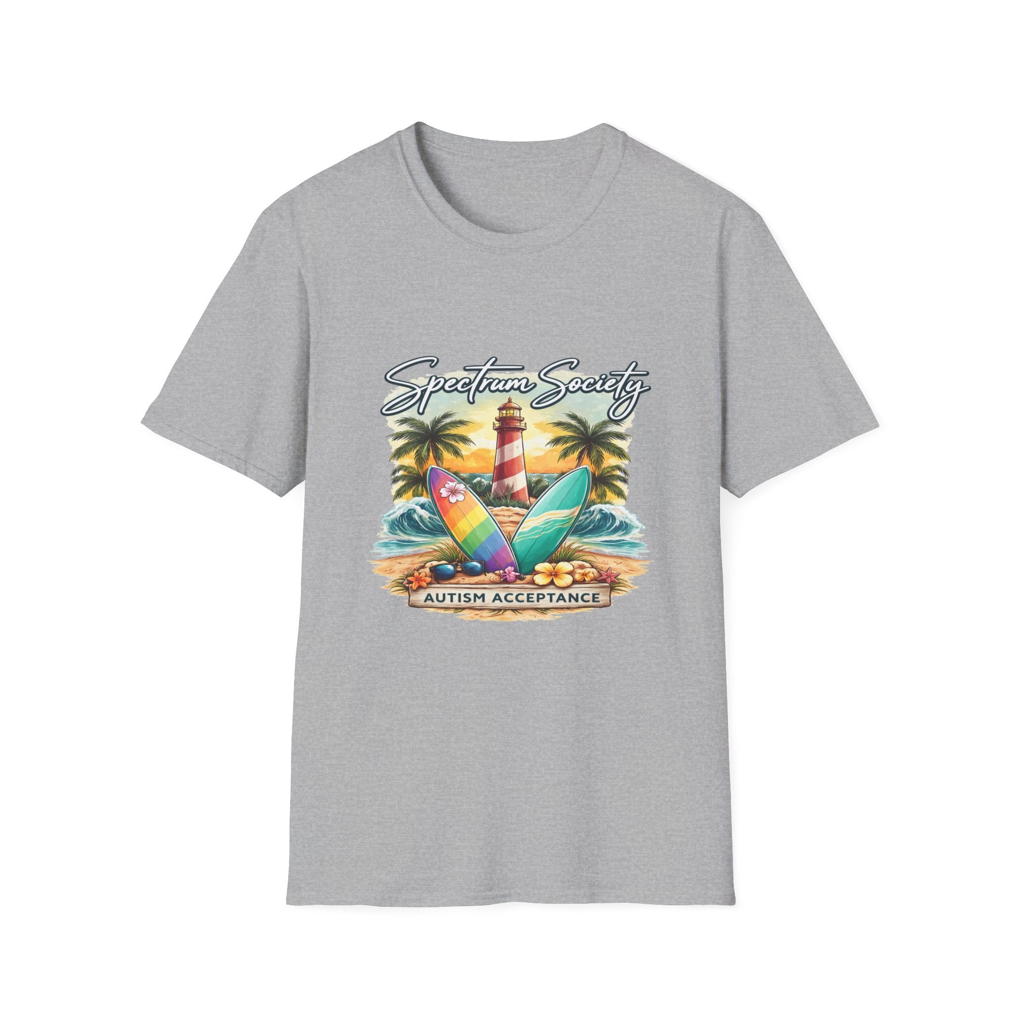 Autism Acceptance Surf Tee — Lighthouse & Surfboards Beach Graphic T-Shirt