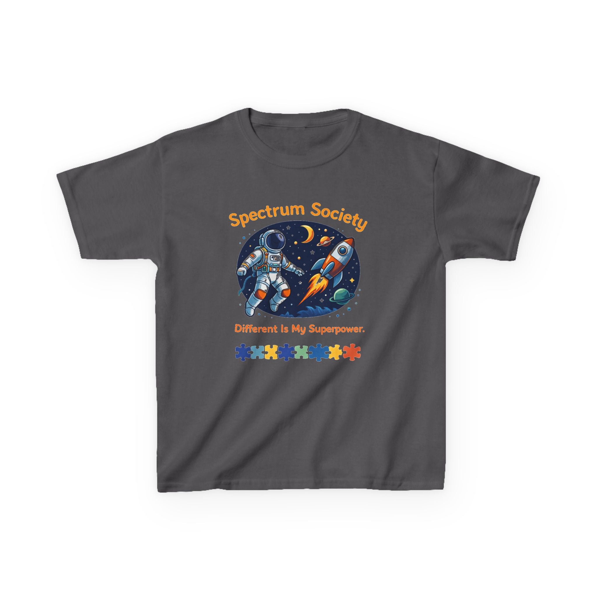Spectrum Society Kids Tee — "Different Is My Superpower" Rocket Autism Pride Shirt