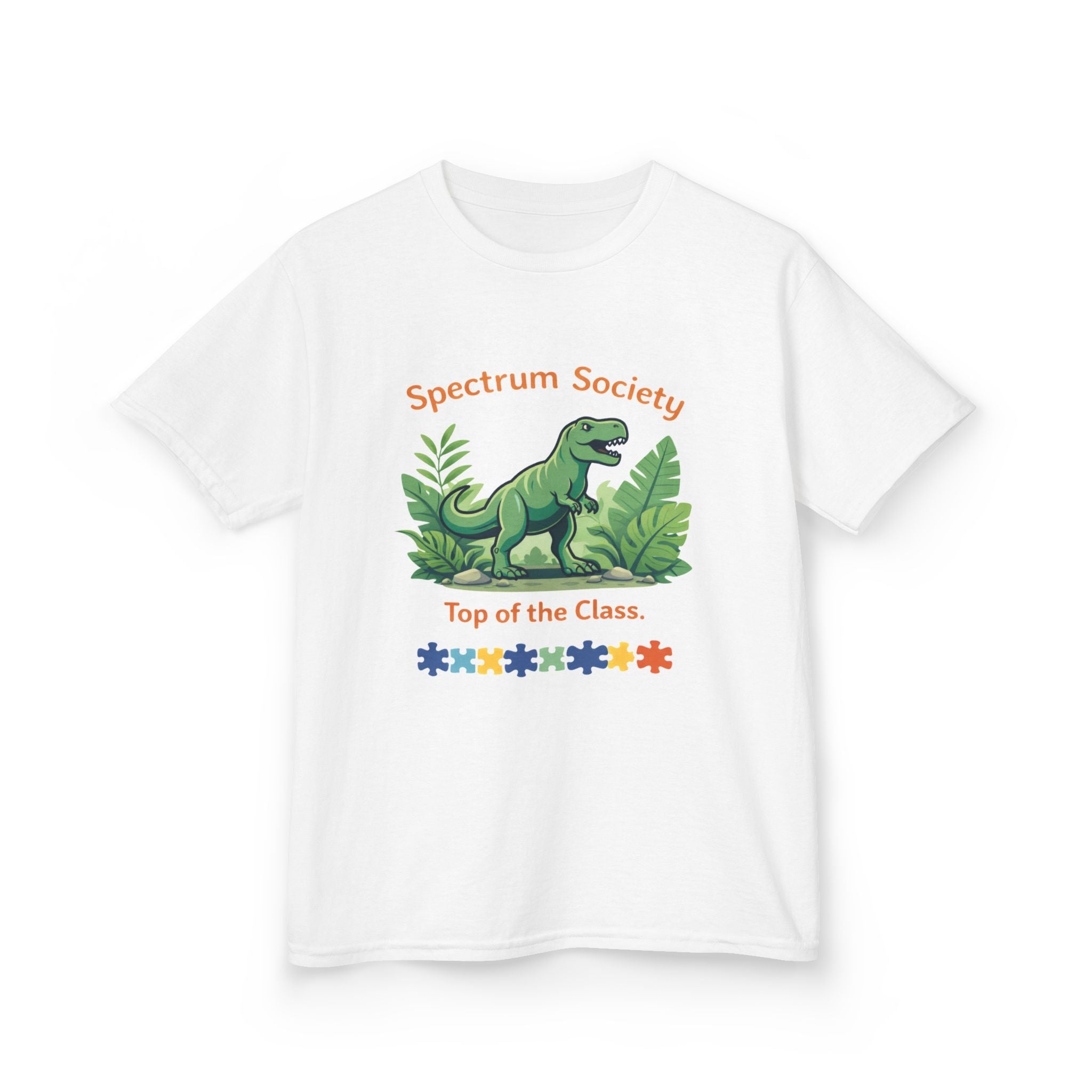 Spectrum Society Kids Tee — "Top of the Class" Dinosaur Autism Pride Shirt