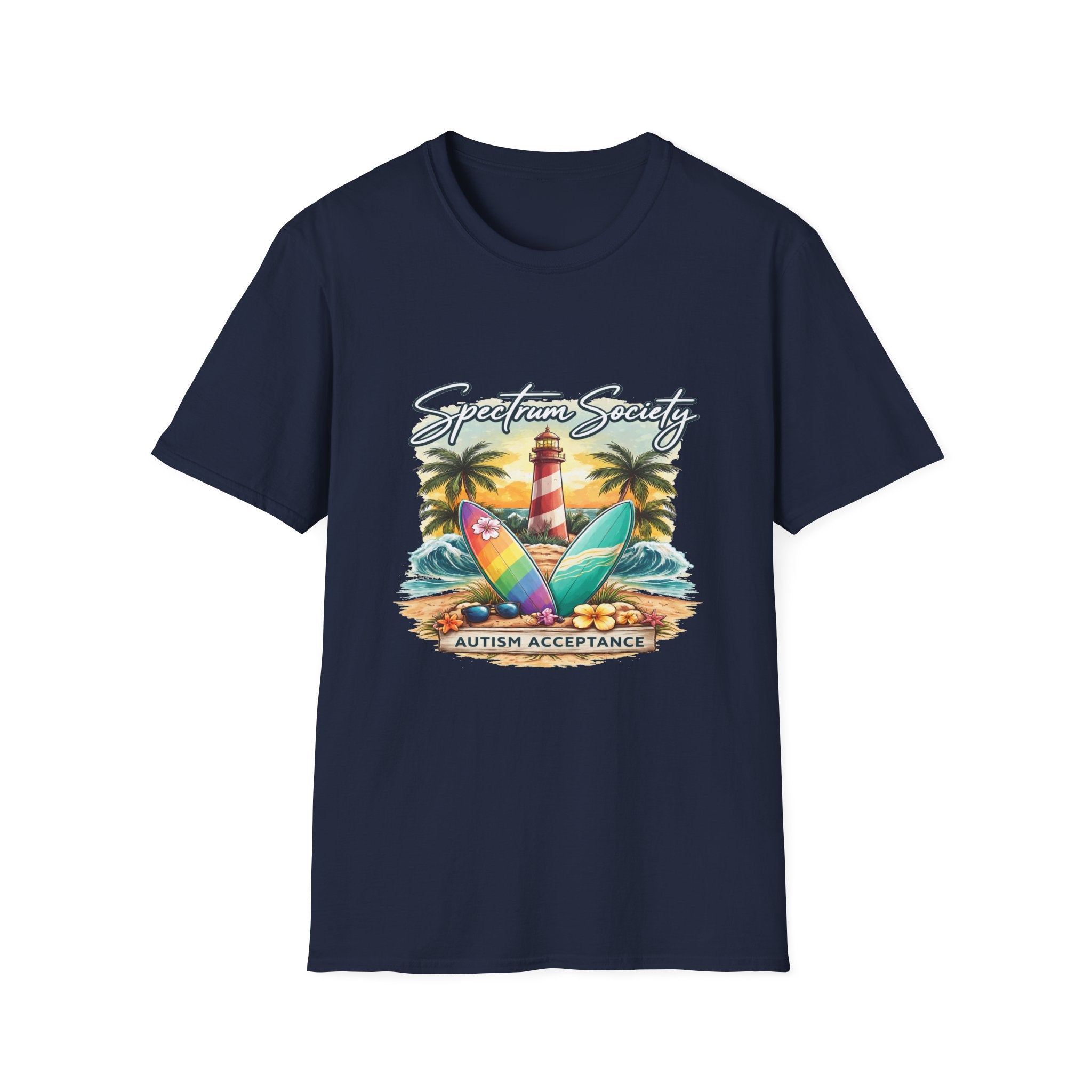 Autism Acceptance Surf Tee — Lighthouse & Surfboards Beach Graphic T-Shirt