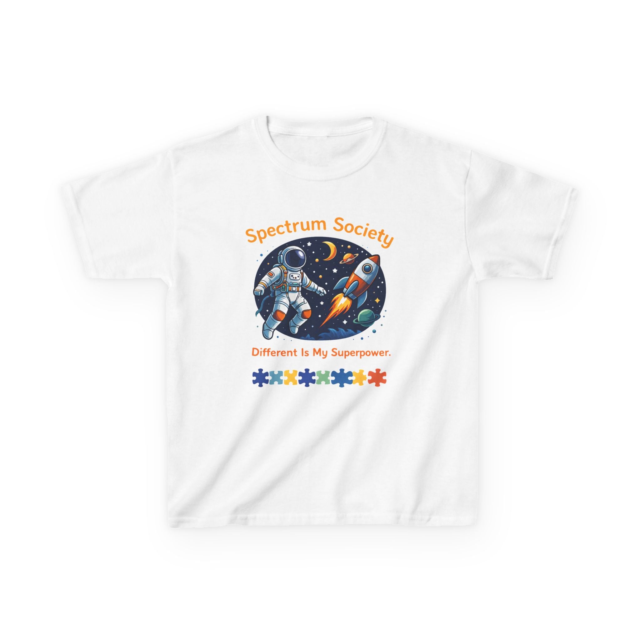 Spectrum Society Kids Tee — "Different Is My Superpower" Rocket Autism Pride Shirt