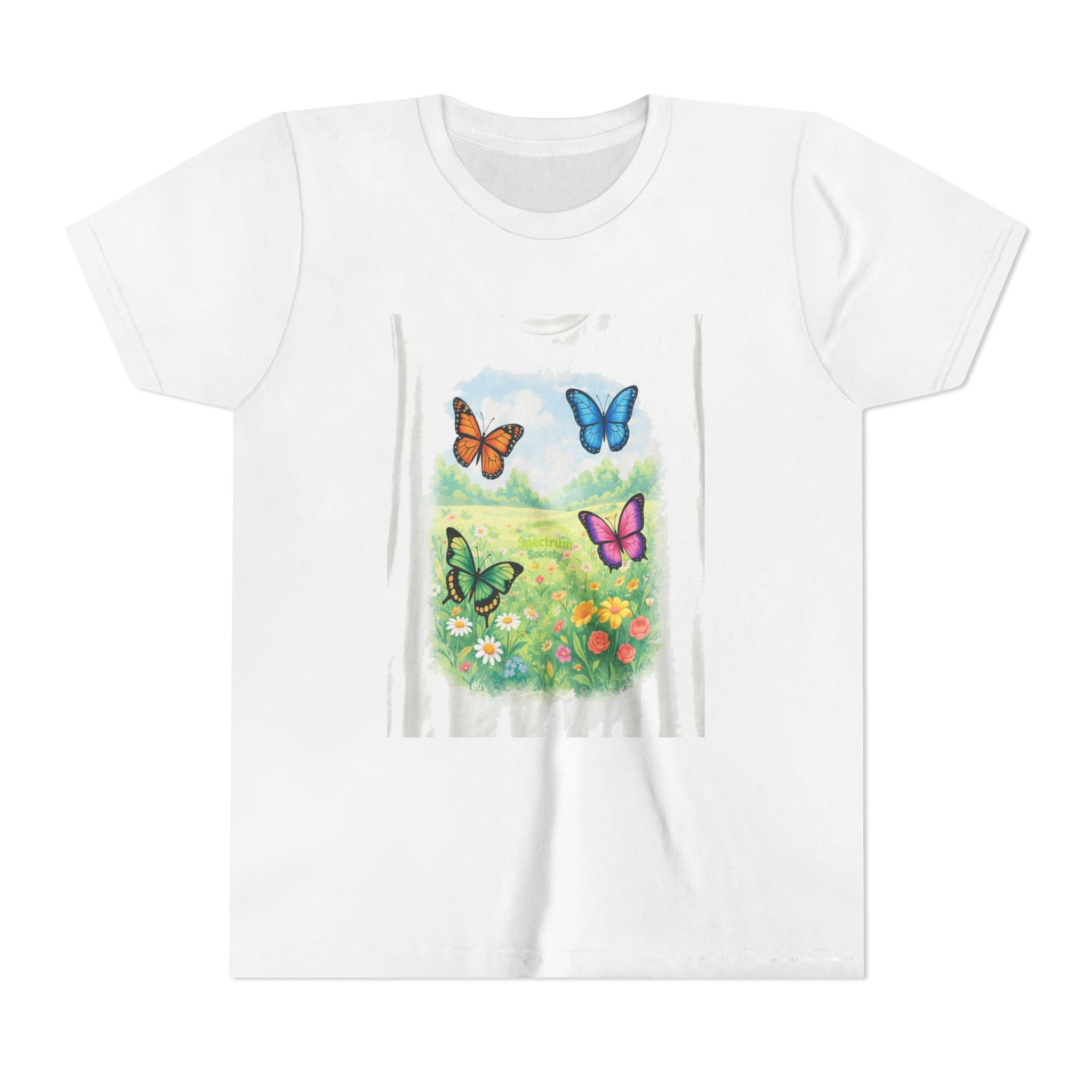 Youth Tee — Colorful Butterflies Meadow Design