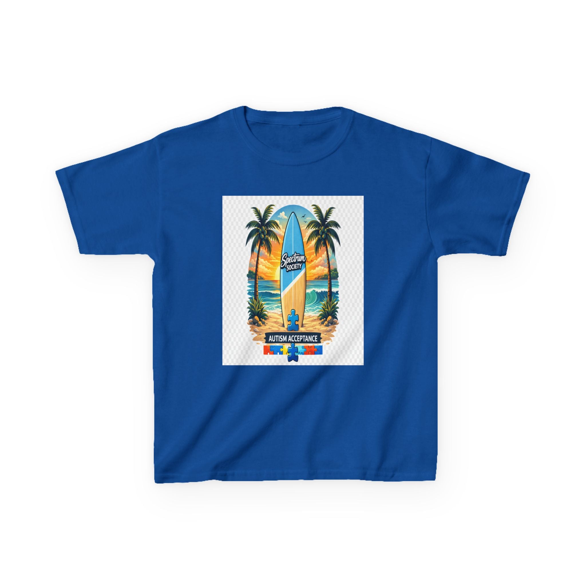 Kids Surfboard Beach T‑Shirt — "Catch the Wave" Palm Sunset Graphic