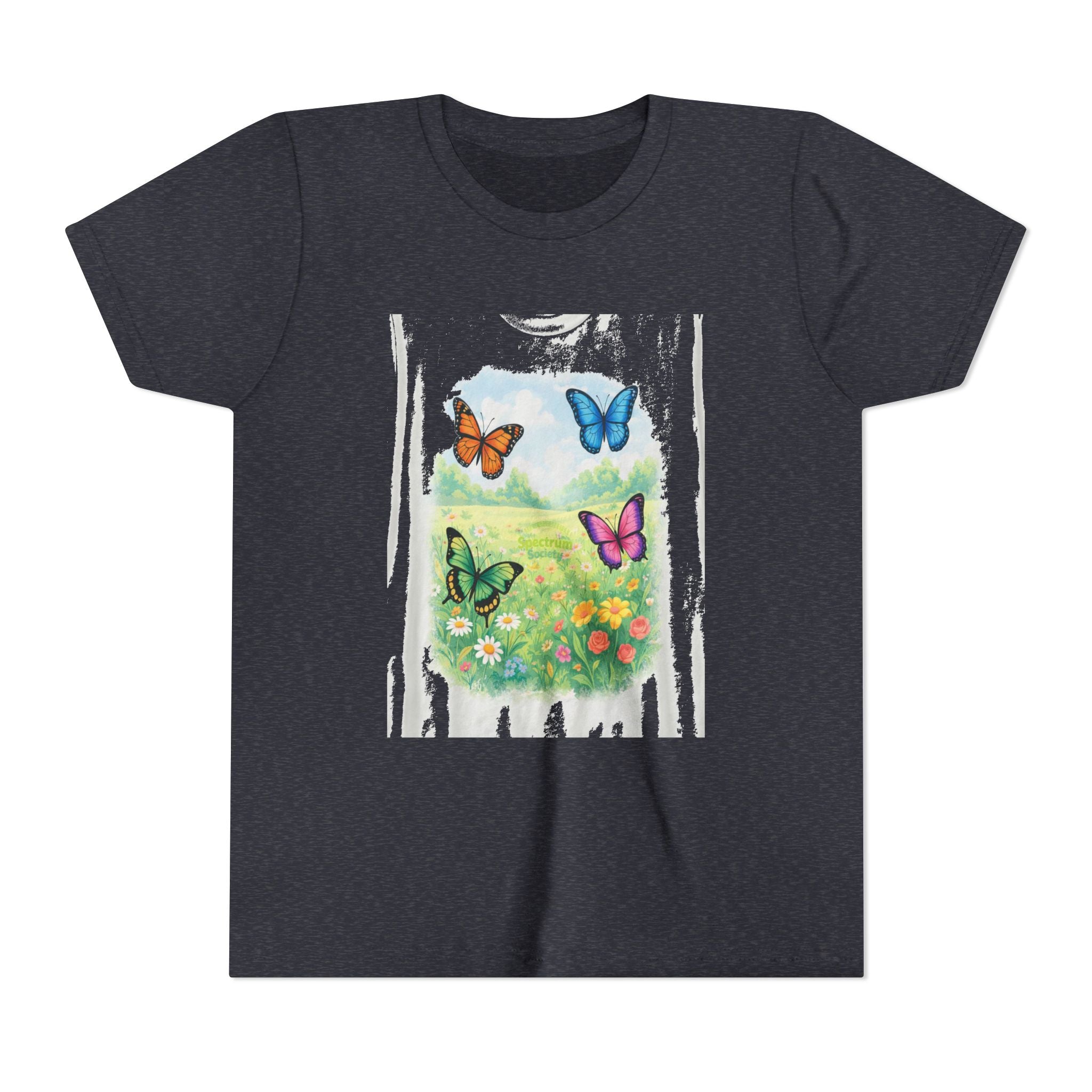 Youth Tee — Colorful Butterflies Meadow Design