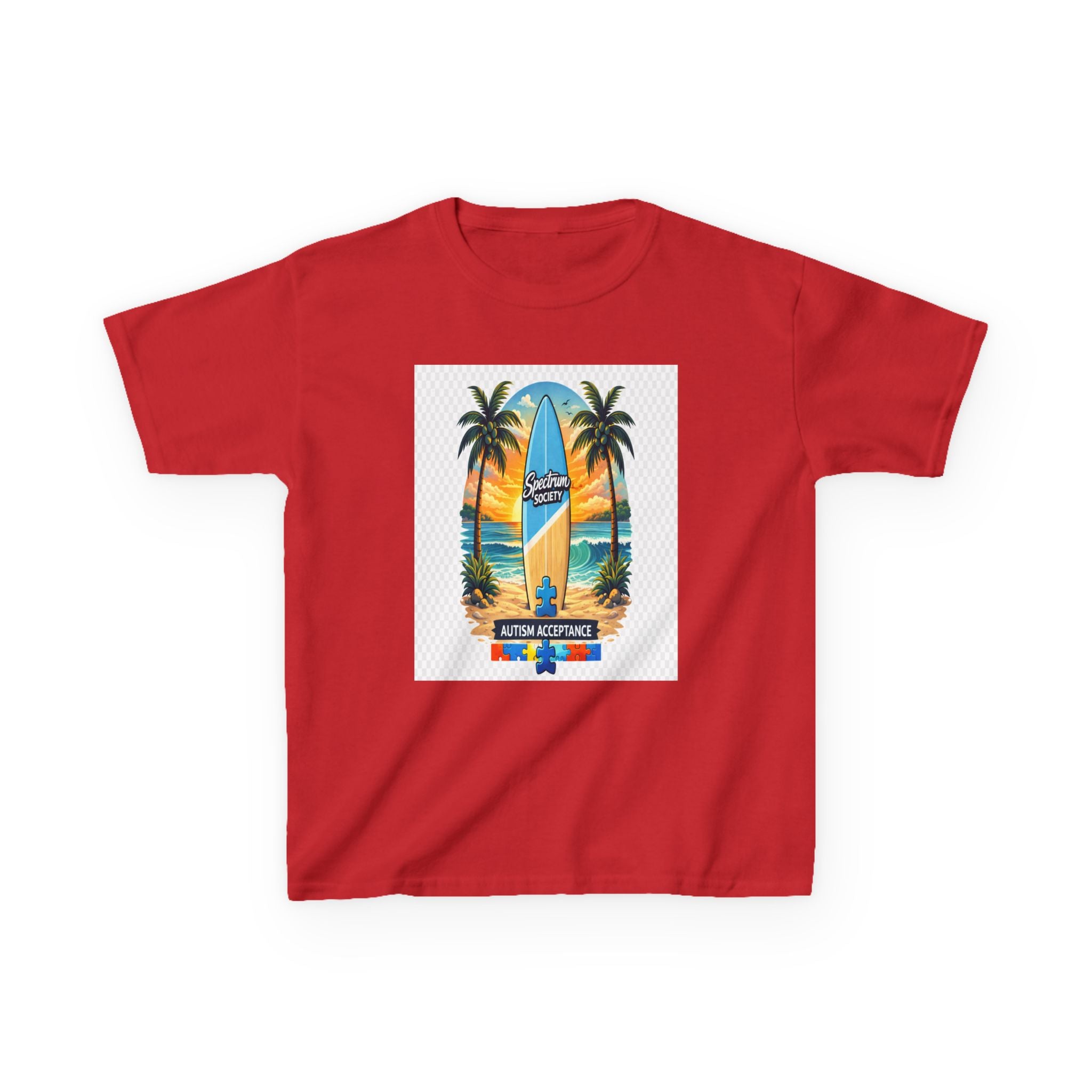 Kids Surfboard Beach T‑Shirt — "Catch the Wave" Palm Sunset Graphic