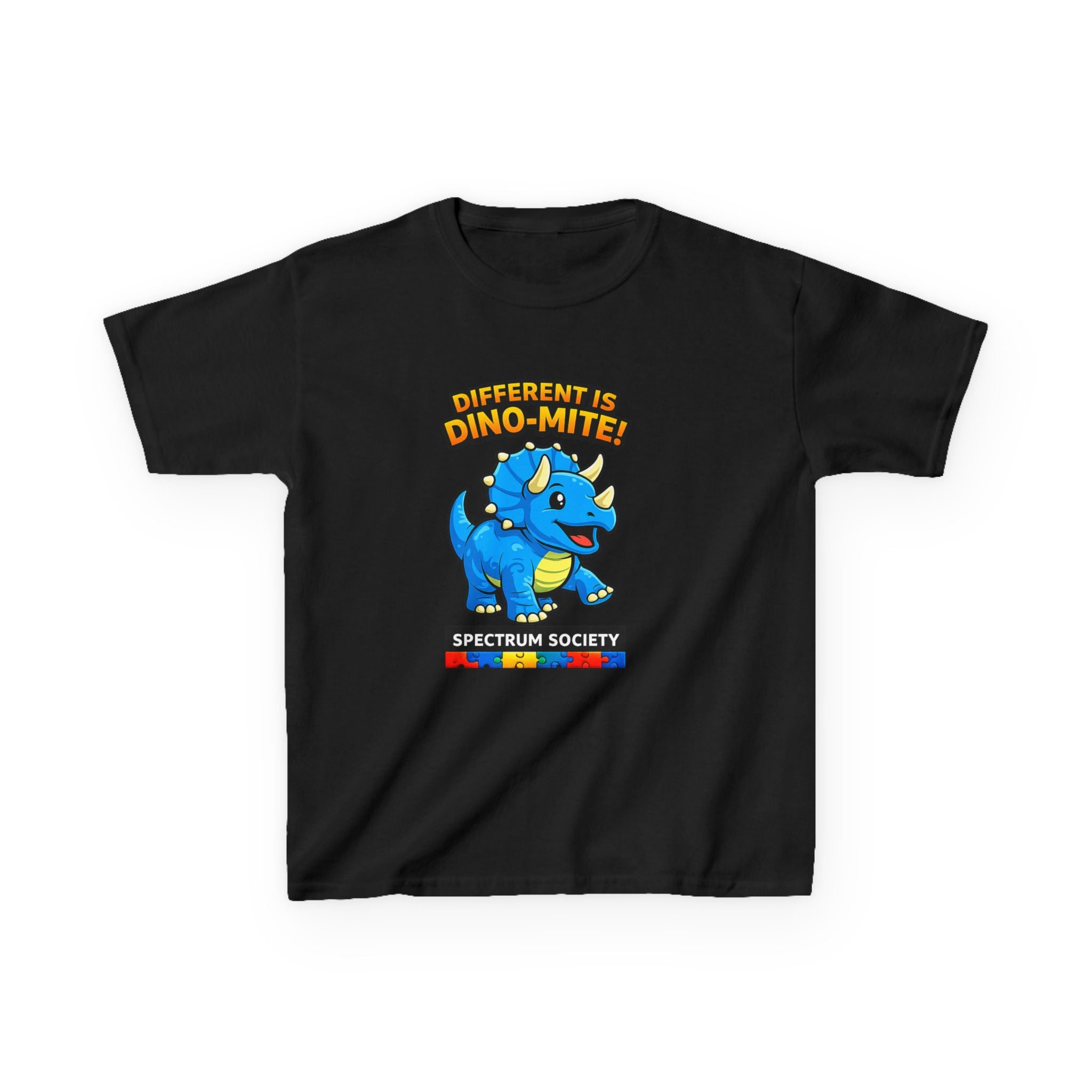Kids Tee — "Different is Dino-Mite" Blue Triceratops Autism Awareness Shirt