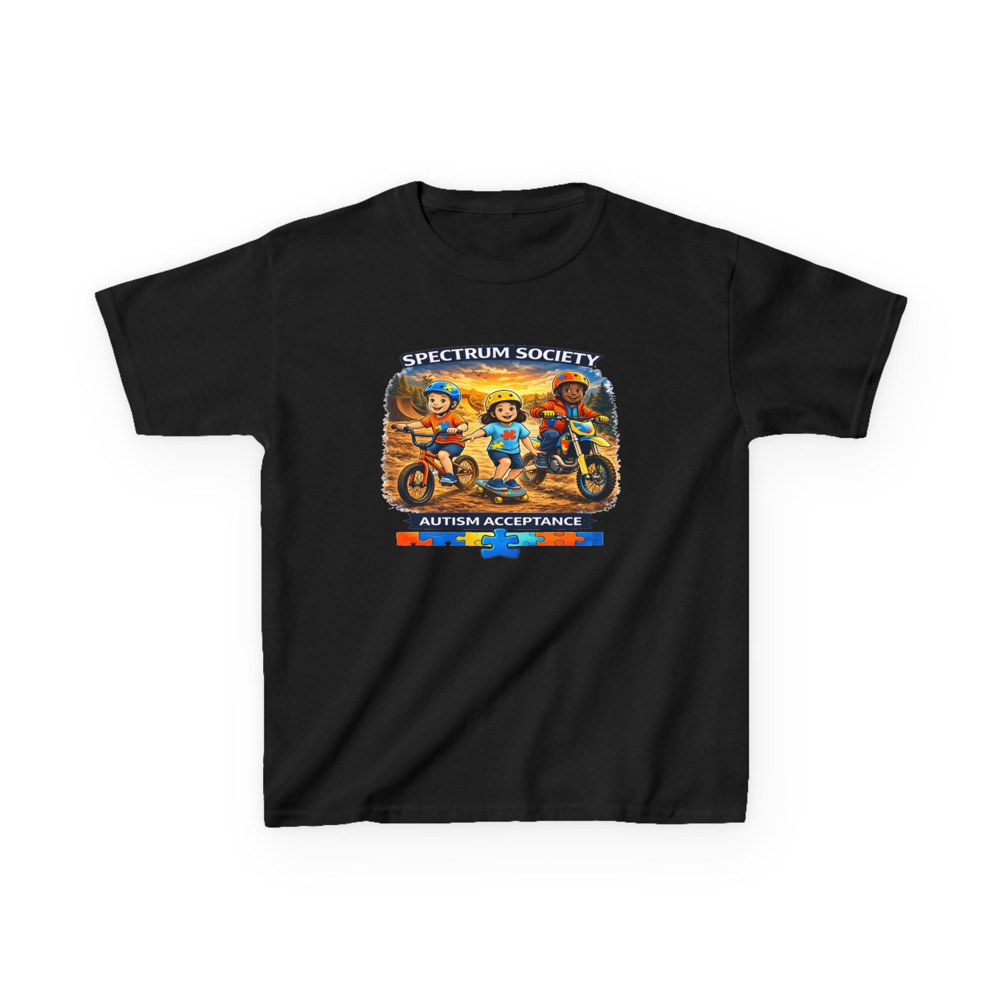 Kids Tee — "Spectrum Society: Autism Acceptance" Colorful Motorcycle Crew Design