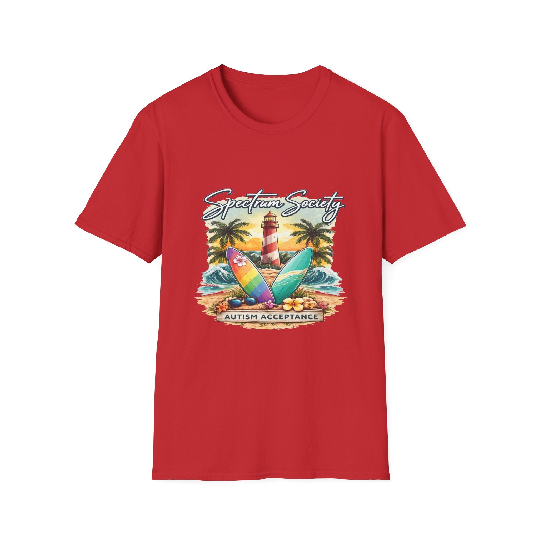 Autism Acceptance Surf Tee — Lighthouse & Surfboards Beach Graphic T-Shirt