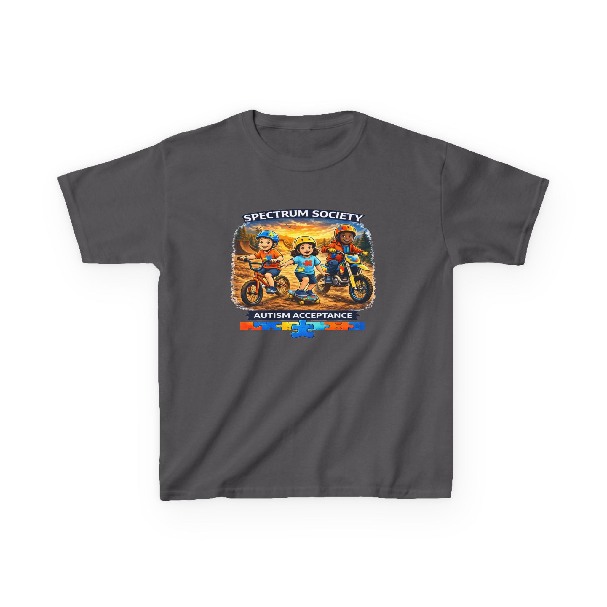 Kids Tee — "Spectrum Society: Autism Acceptance" Colorful Motorcycle Crew Design