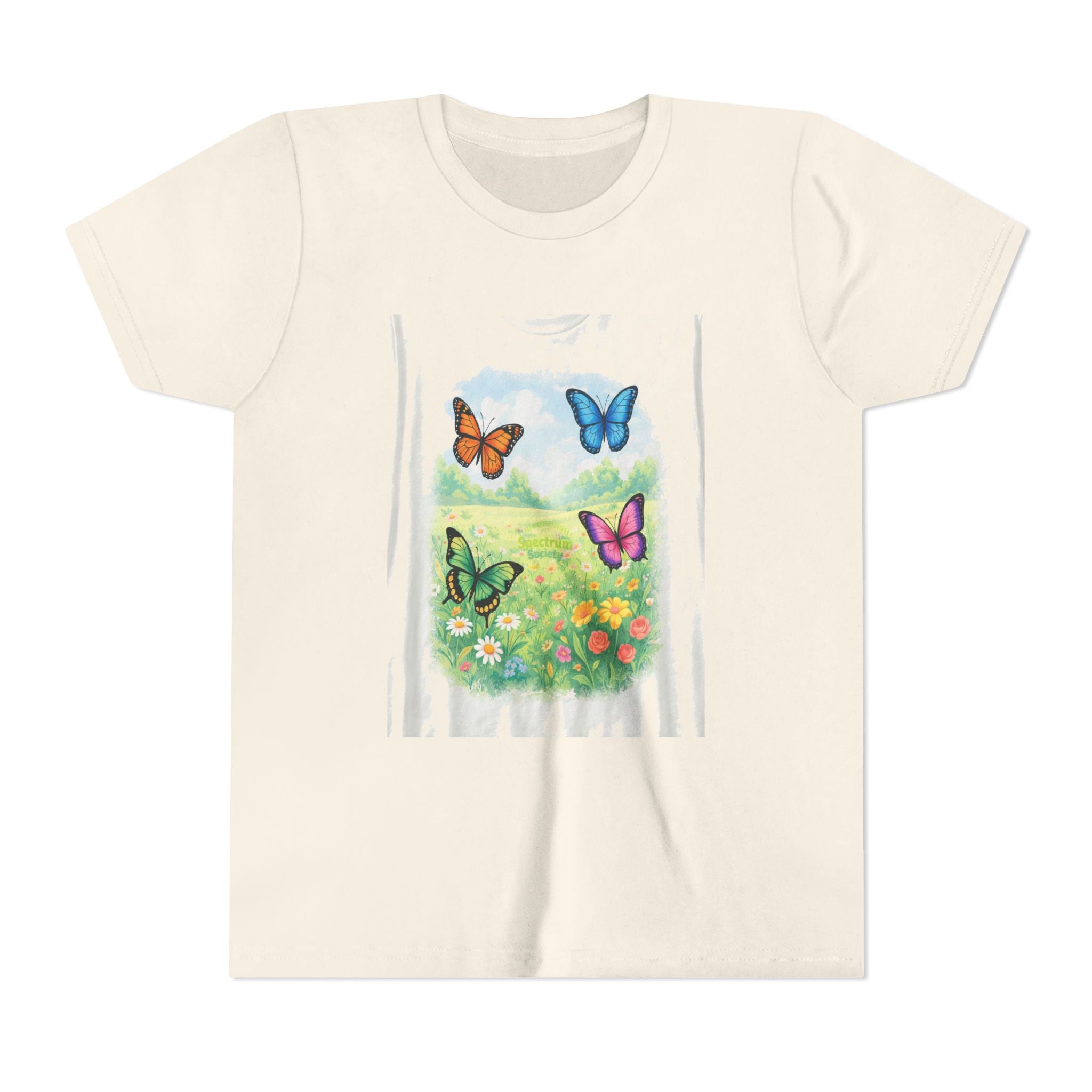 Youth Tee — Colorful Butterflies Meadow Design