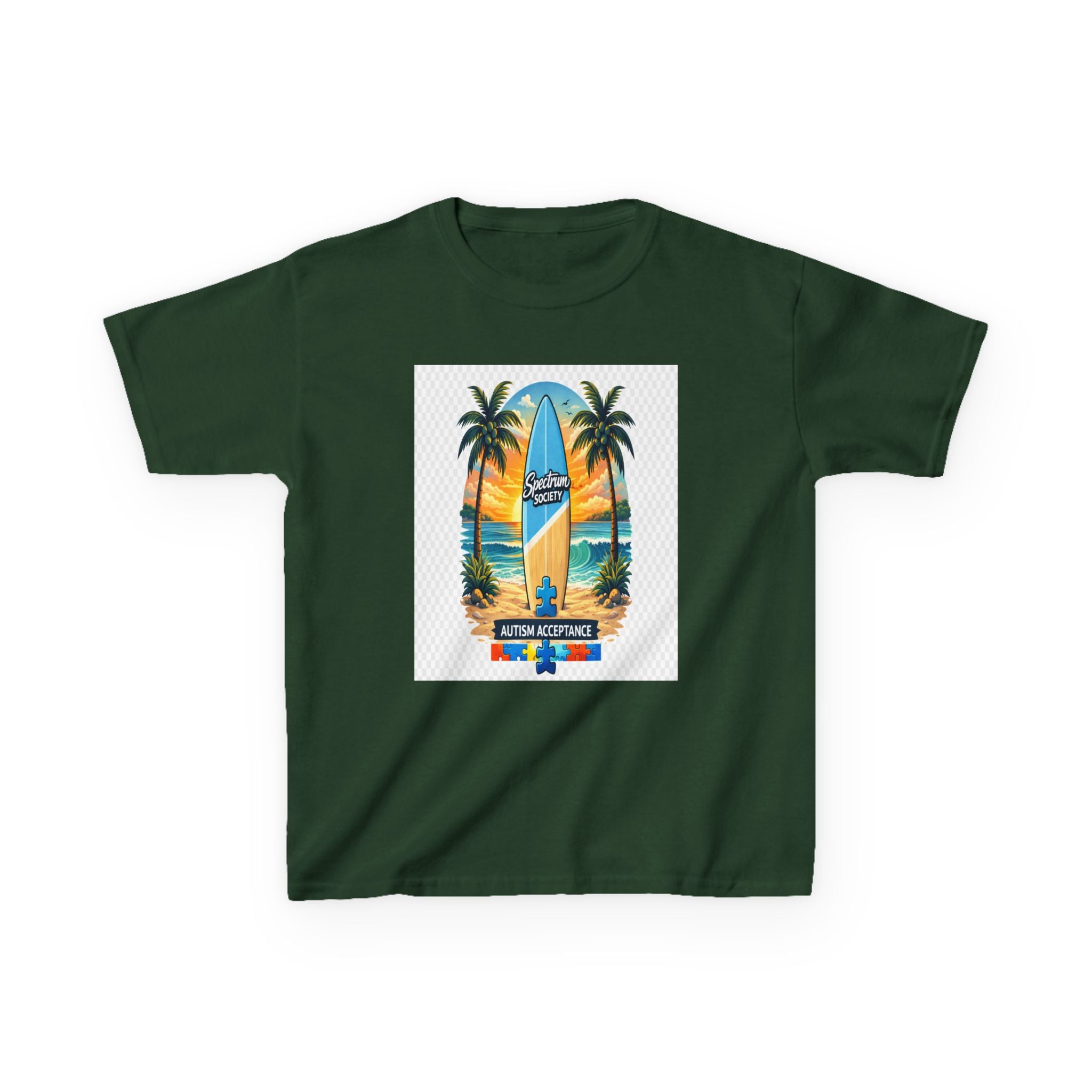 Kids Surfboard Beach T‑Shirt — "Catch the Wave" Palm Sunset Graphic