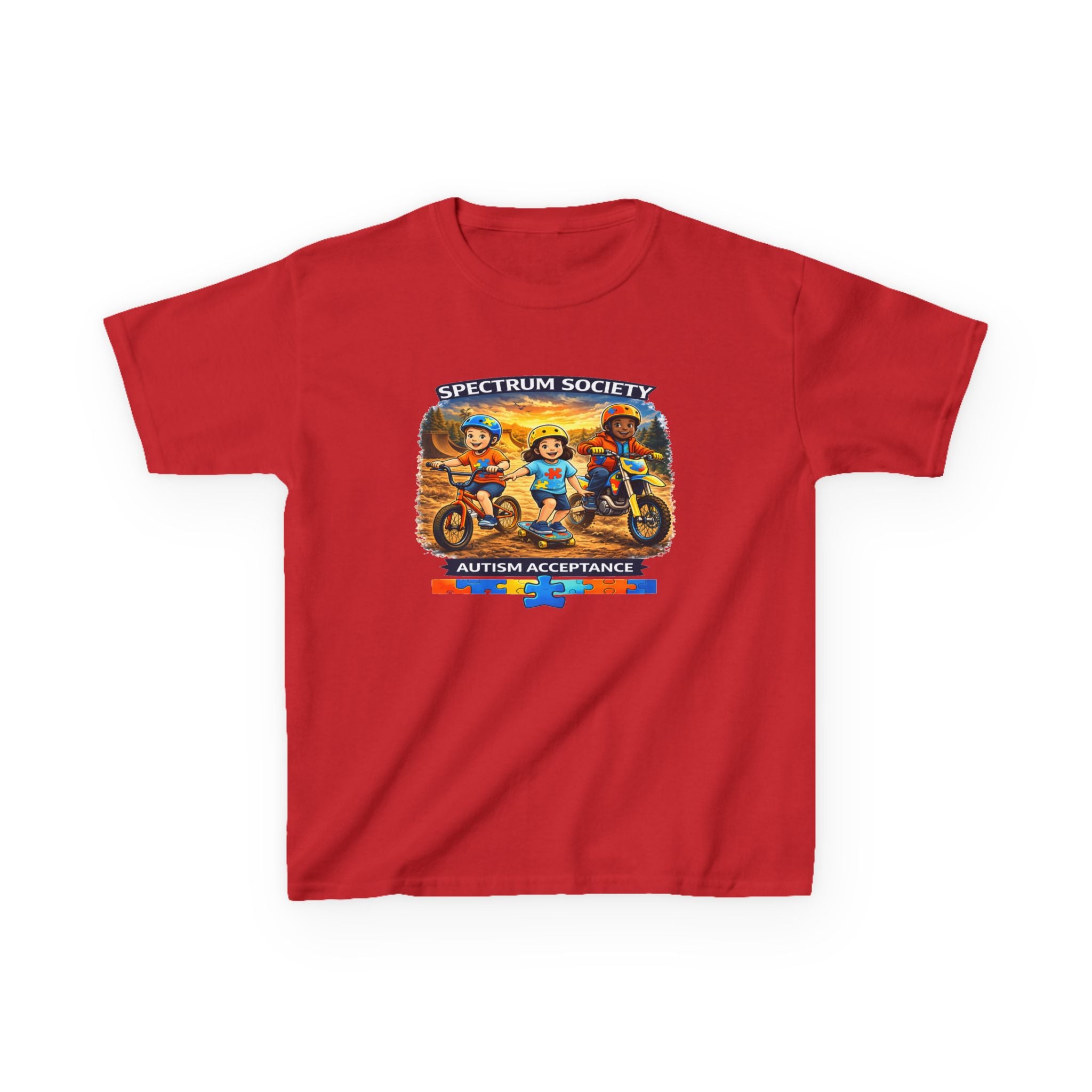Kids Tee — "Spectrum Society: Autism Acceptance" Colorful Motorcycle Crew Design