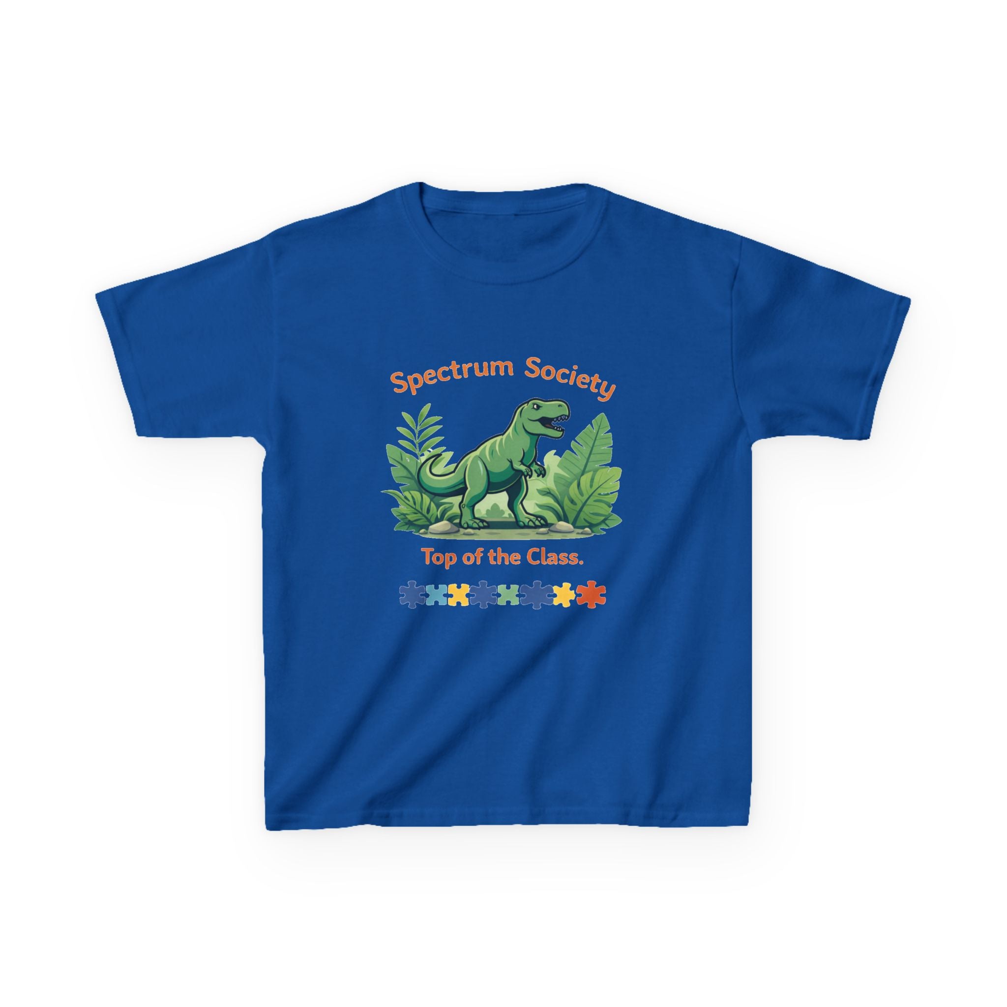 Spectrum Society Kids Tee — "Top of the Class" Dinosaur Autism Pride Shirt