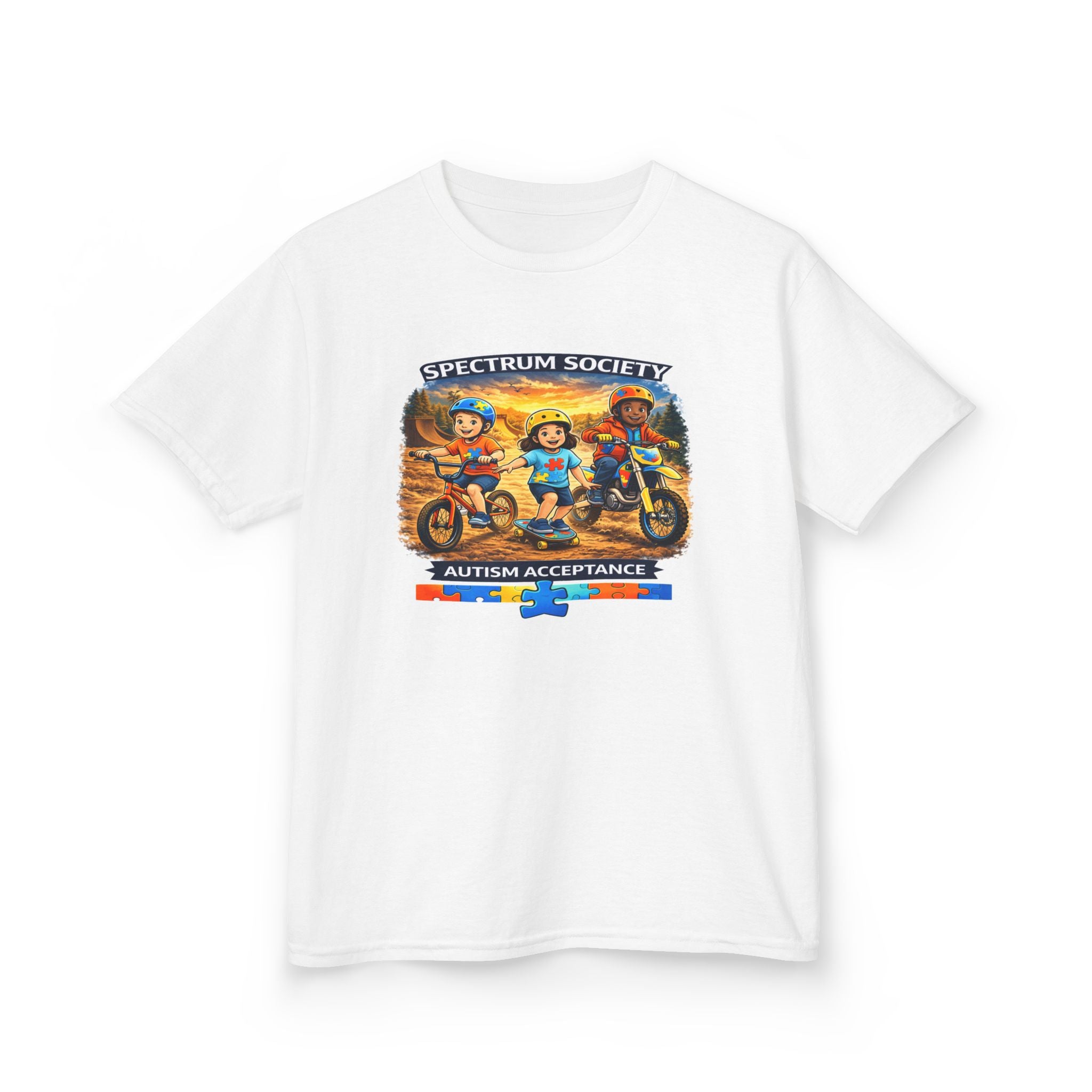 Kids Tee — "Spectrum Society: Autism Acceptance" Colorful Motorcycle Crew Design