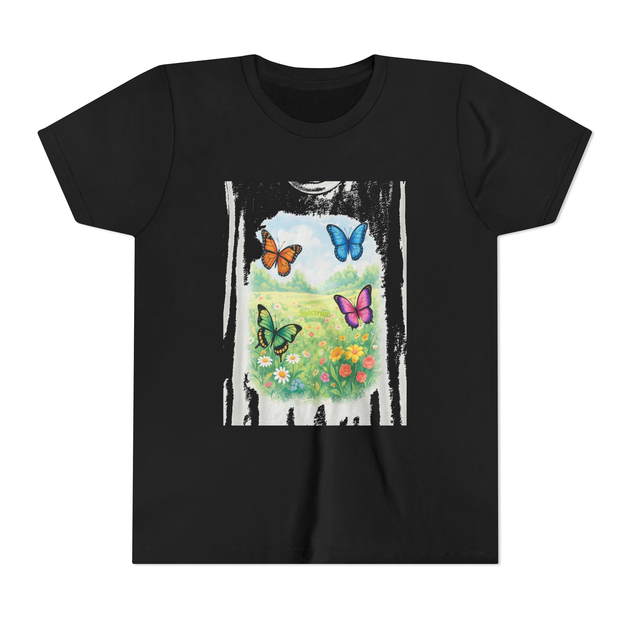 Youth Tee — Colorful Butterflies Meadow Design