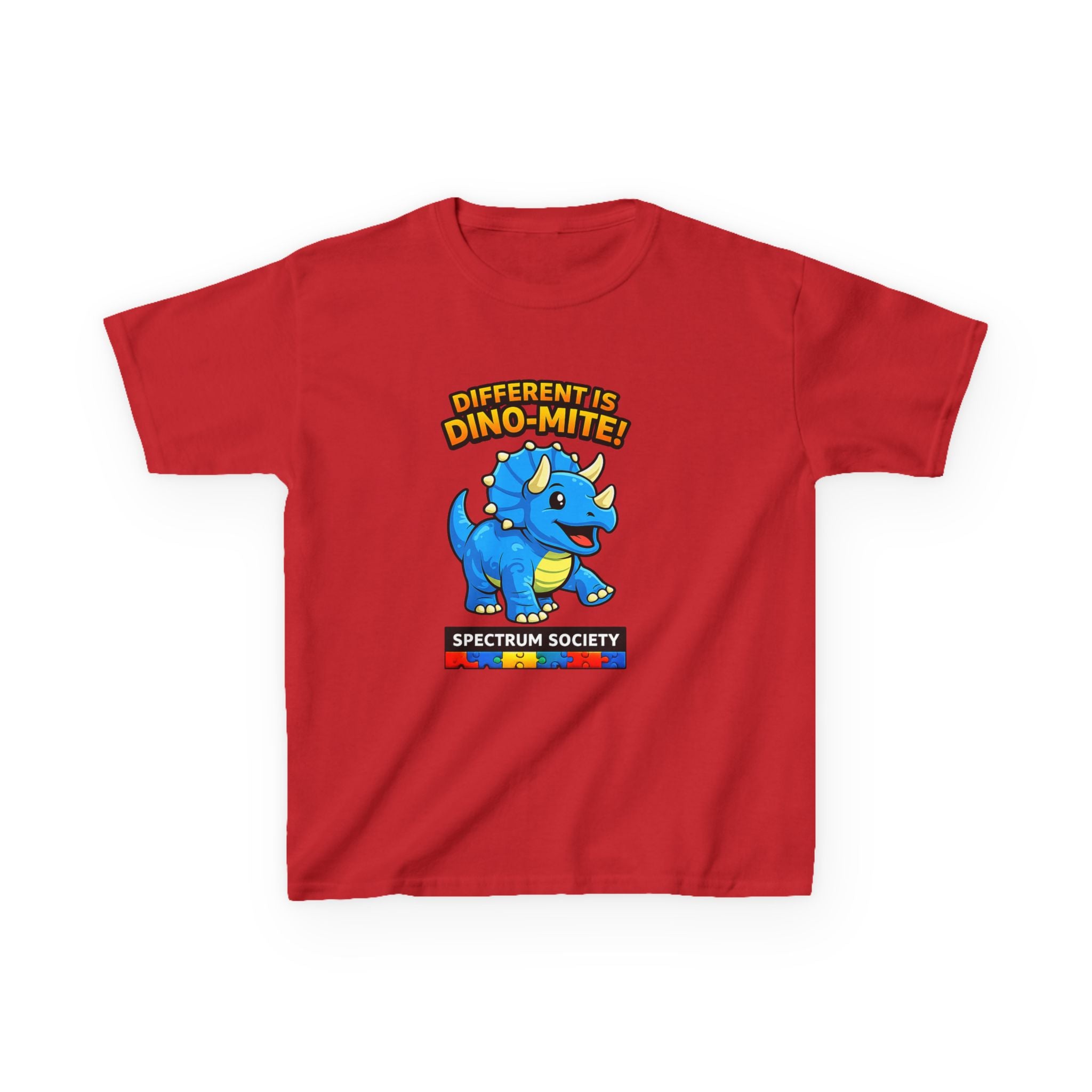 Kids Tee — "Different is Dino-Mite" Blue Triceratops Autism Awareness Shirt