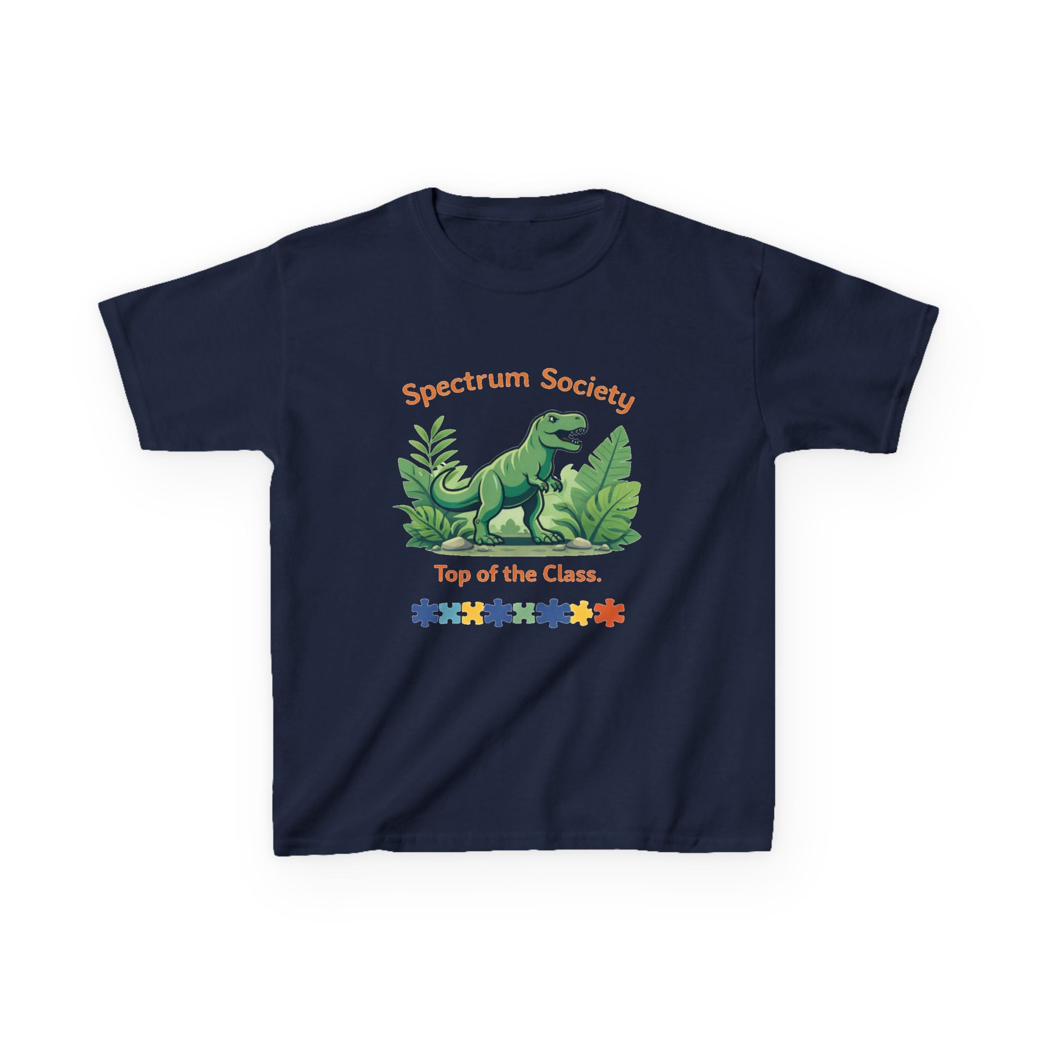 Spectrum Society Kids Tee — "Top of the Class" Dinosaur Autism Pride Shirt