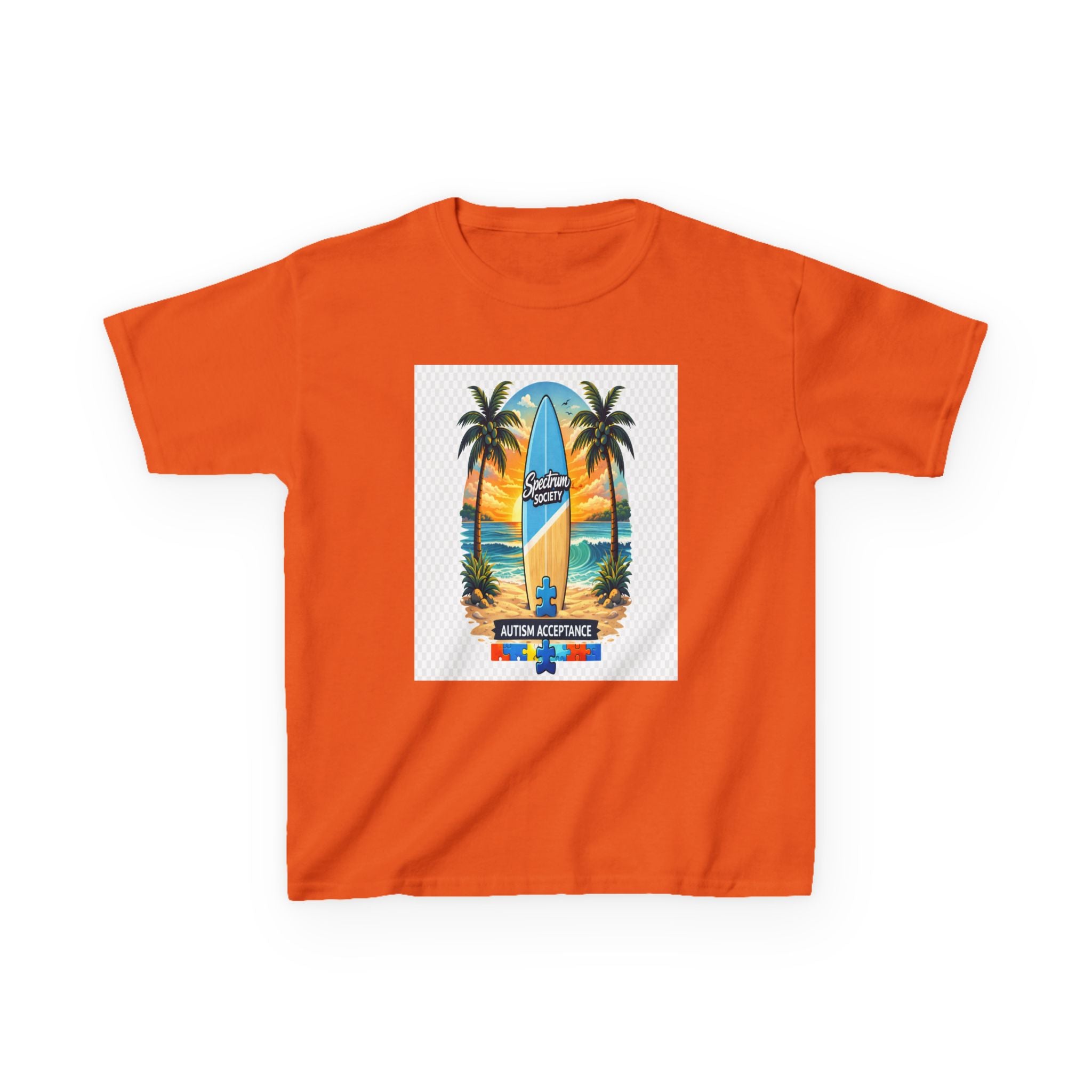 Kids Surfboard Beach T‑Shirt — "Catch the Wave" Palm Sunset Graphic