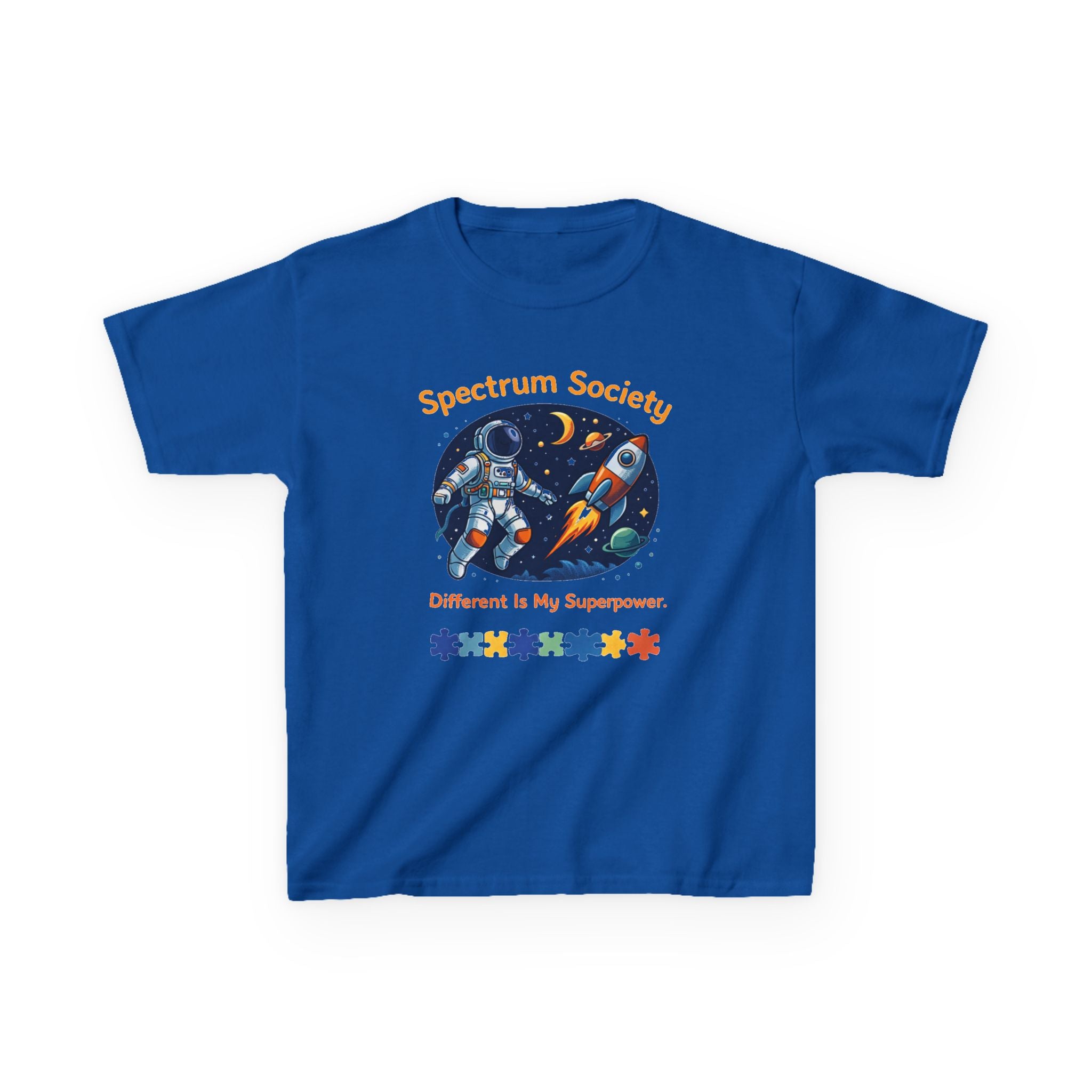 Spectrum Society Kids Tee — "Different Is My Superpower" Rocket Autism Pride Shirt