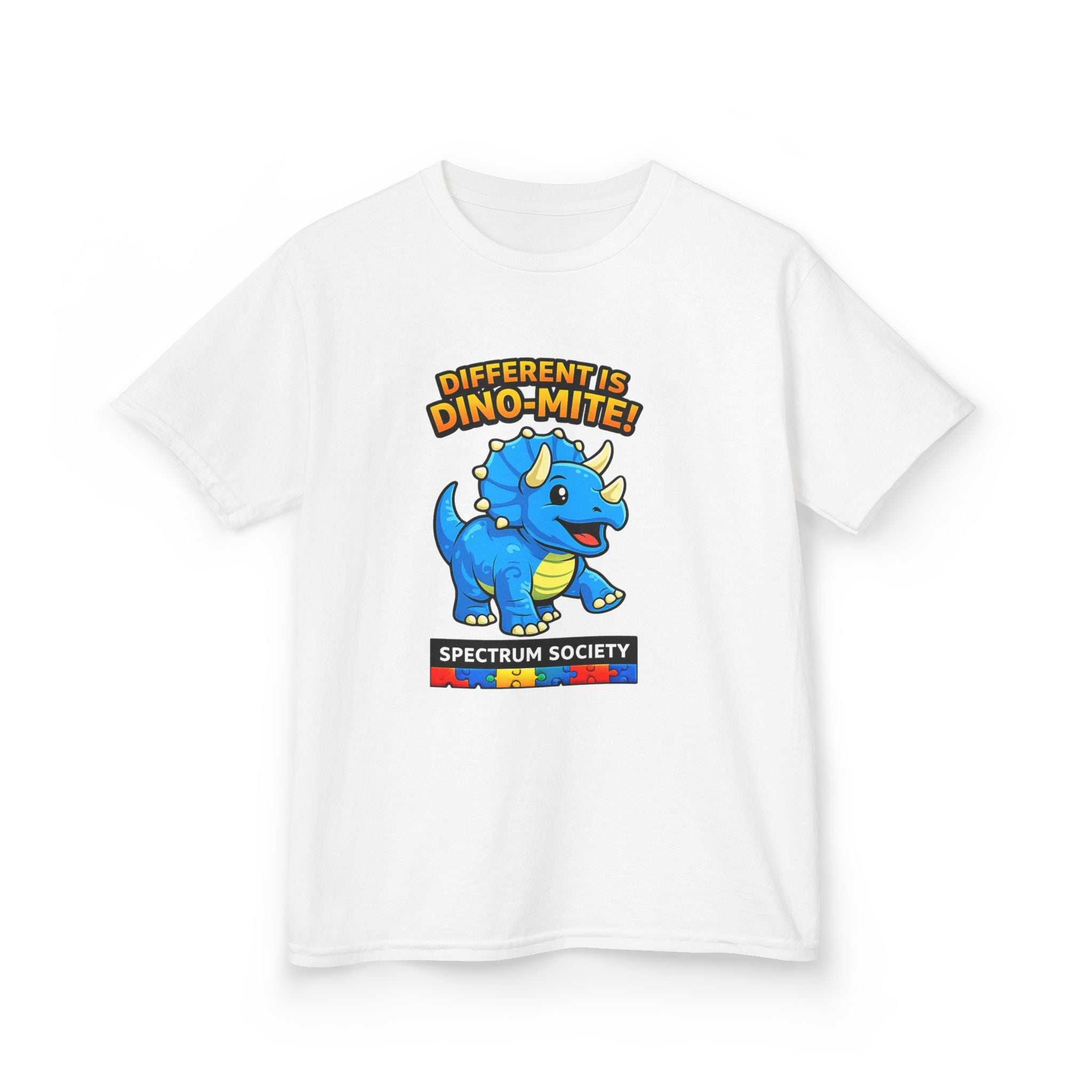 Kids Tee — "Different is Dino-Mite" Blue Triceratops Autism Awareness Shirt