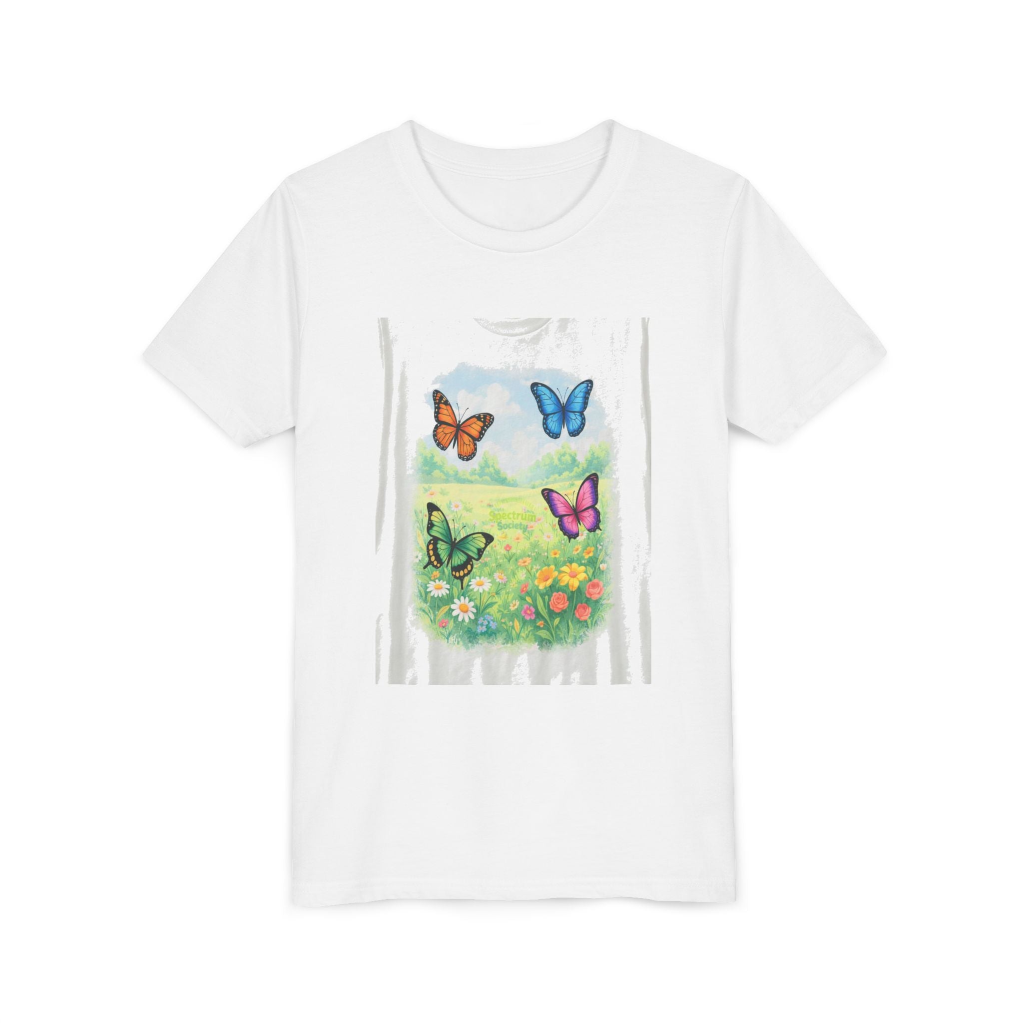 Youth Tee — Colorful Butterflies Meadow Design