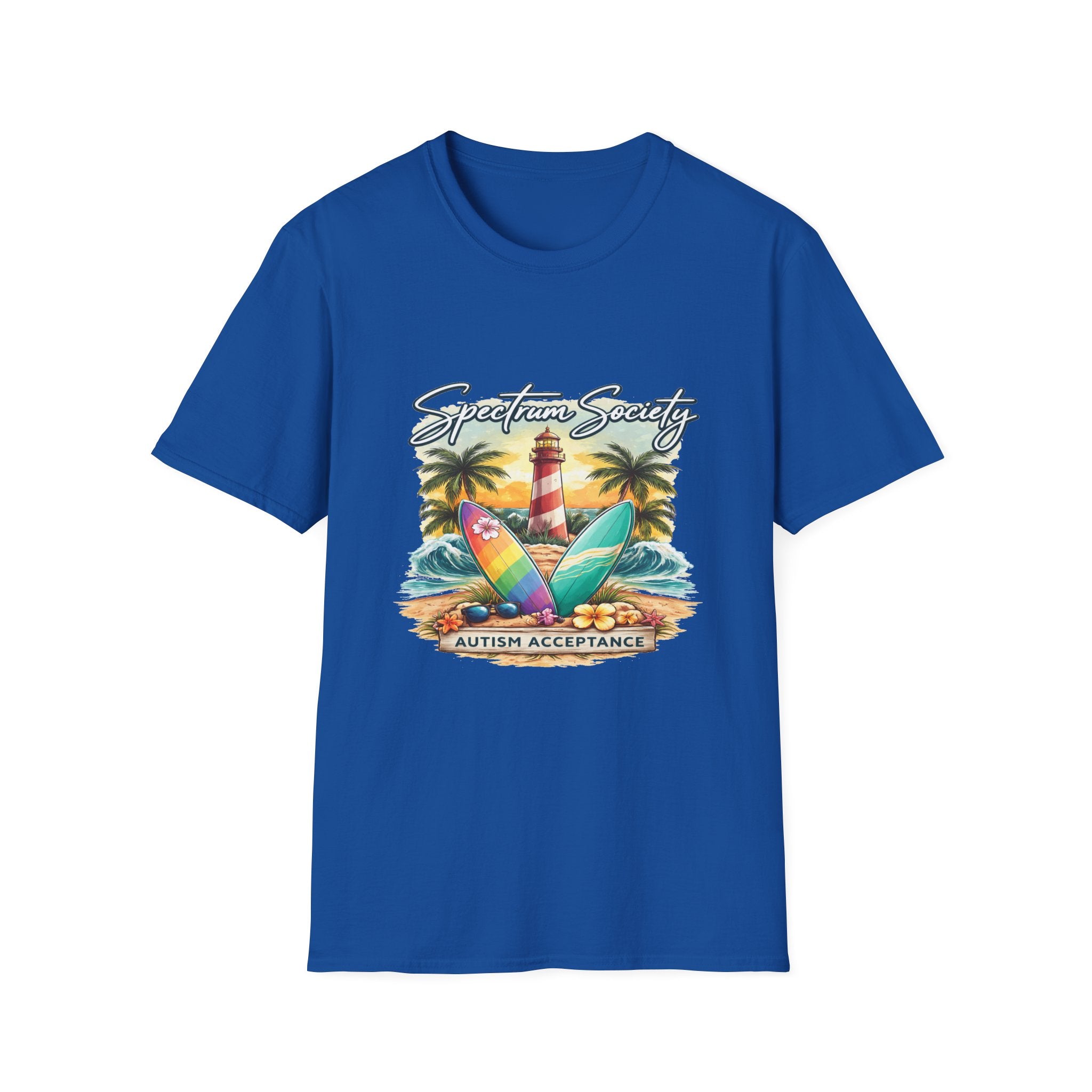 Autism Acceptance Surf Tee — Lighthouse & Surfboards Beach Graphic T-Shirt