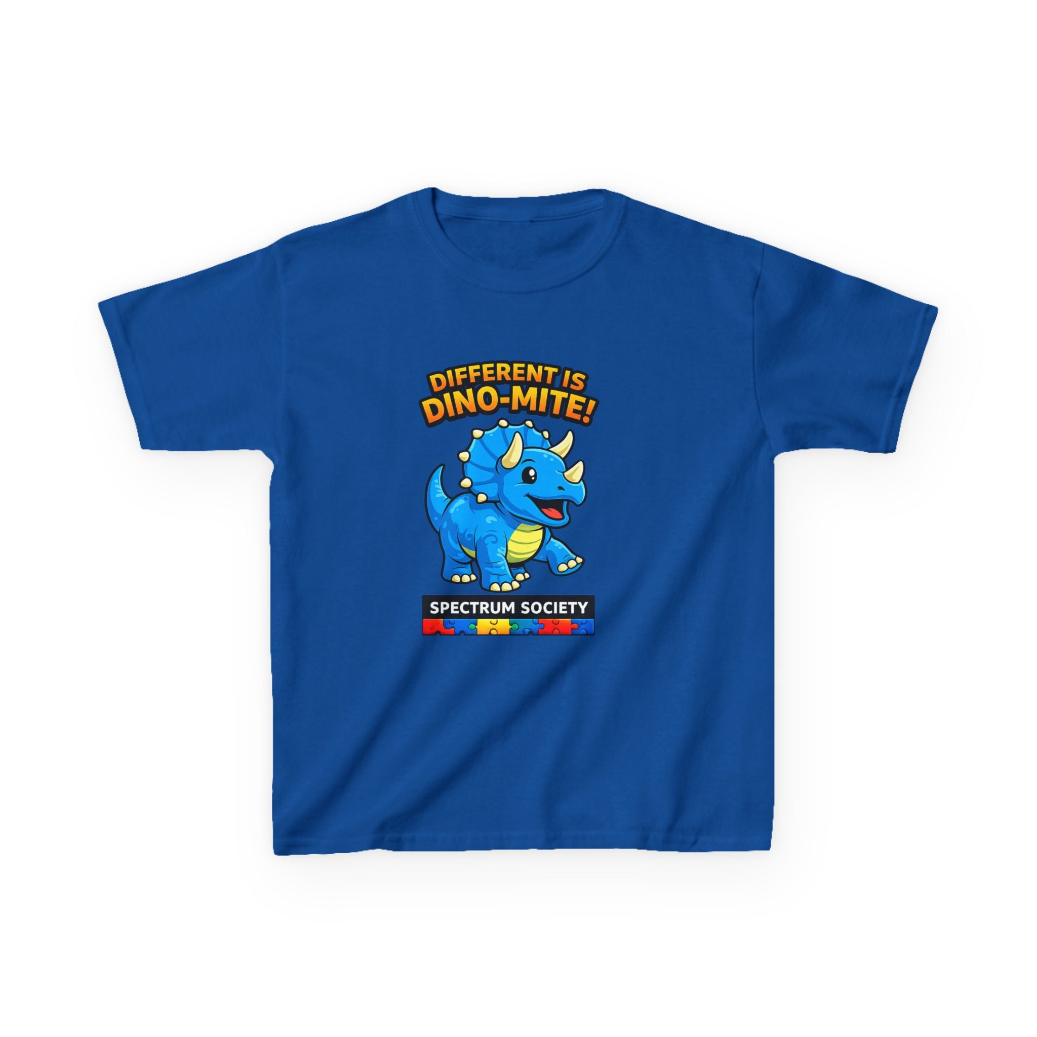 Kids Tee — "Different is Dino-Mite" Blue Triceratops Autism Awareness Shirt
