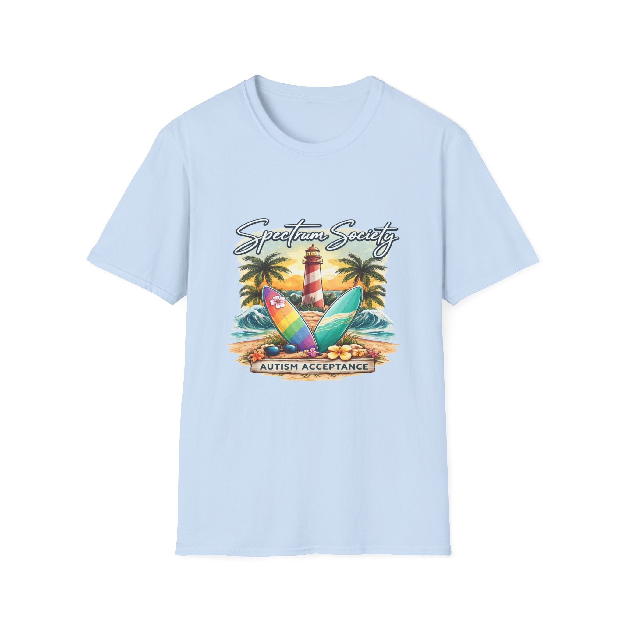 Autism Acceptance Surf Tee — Lighthouse & Surfboards Beach Graphic T-Shirt