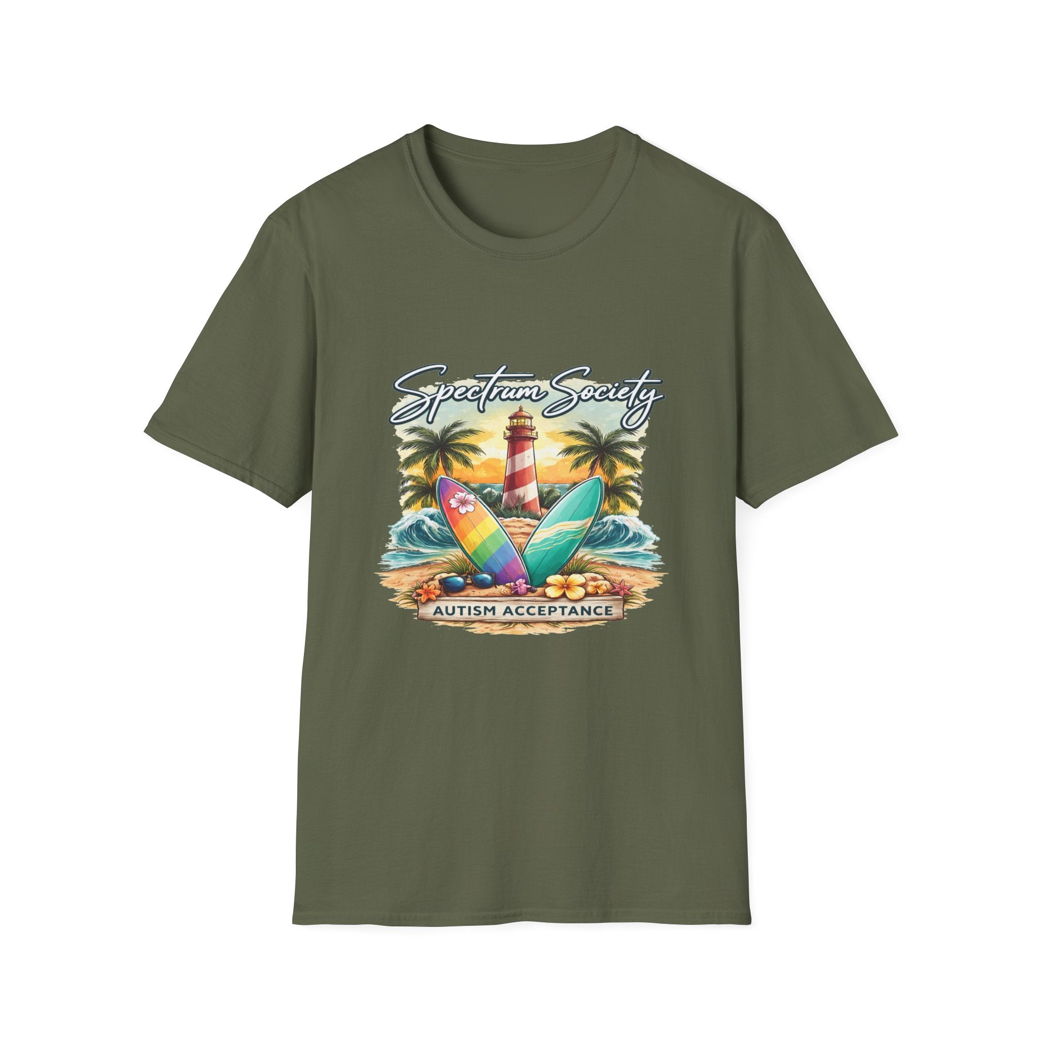 Autism Acceptance Surf Tee — Lighthouse & Surfboards Beach Graphic T-Shirt