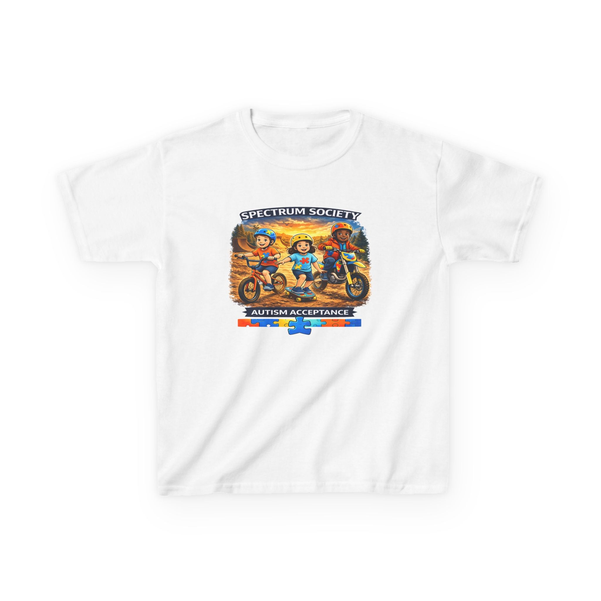 Kids Tee — "Spectrum Society: Autism Acceptance" Colorful Motorcycle Crew Design