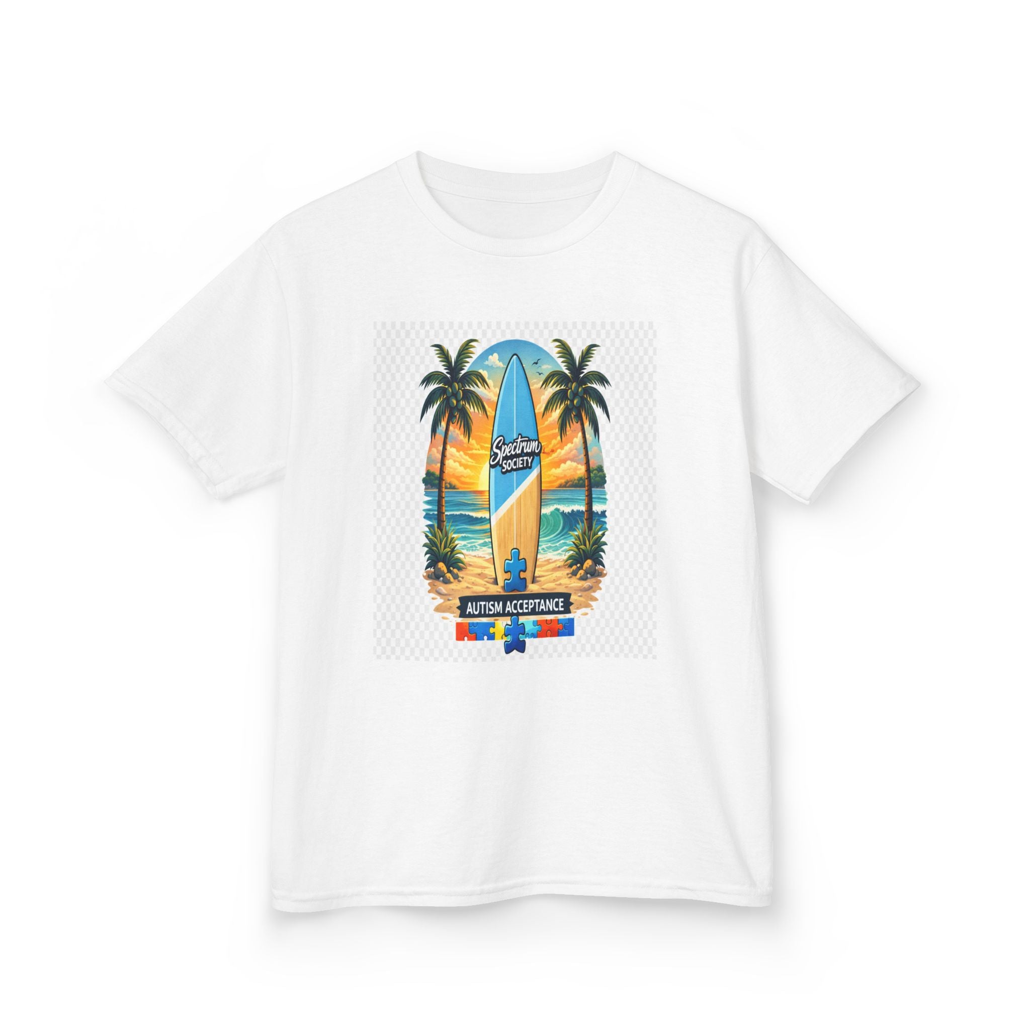 Kids Surfboard Beach T‑Shirt — "Catch the Wave" Palm Sunset Graphic
