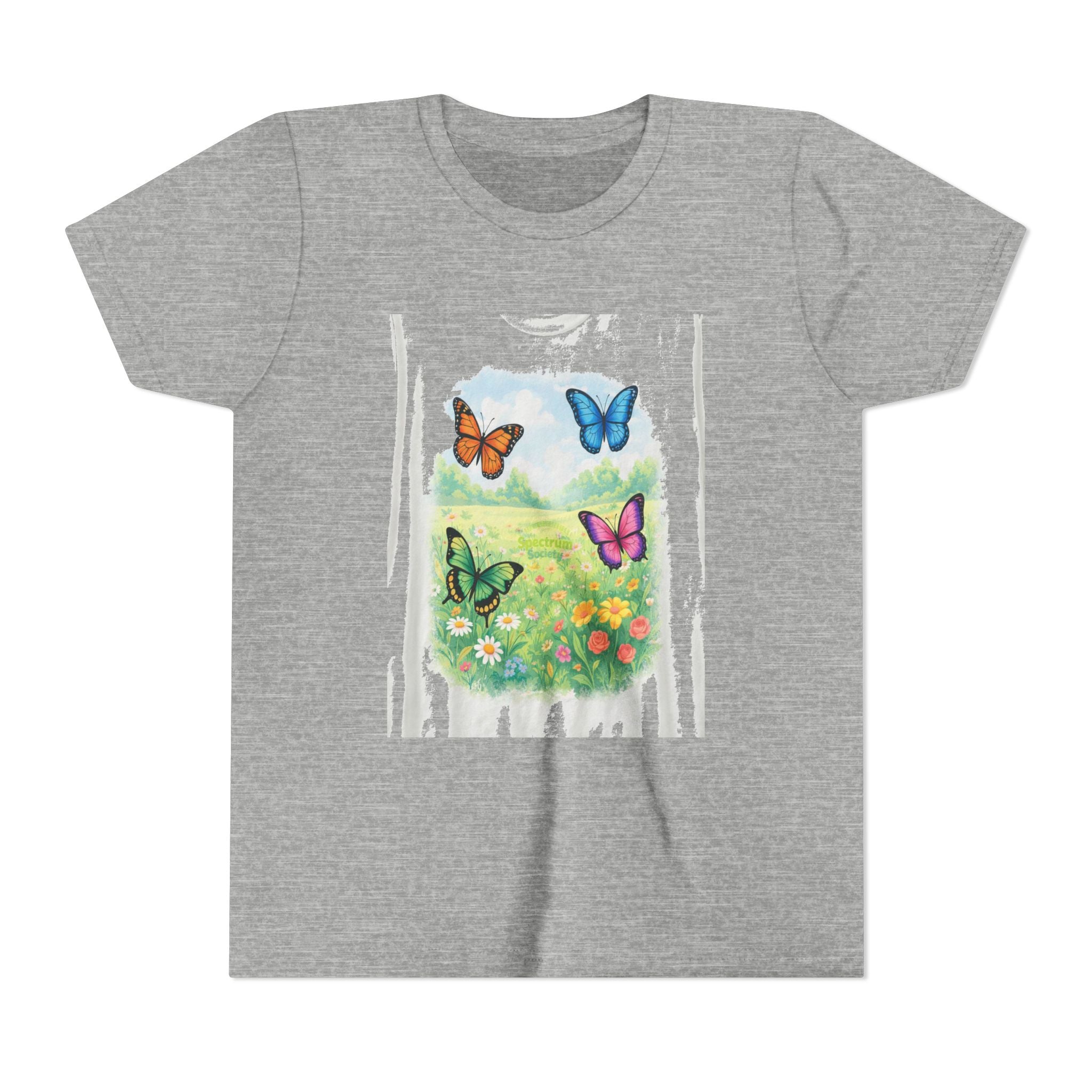 Youth Tee — Colorful Butterflies Meadow Design